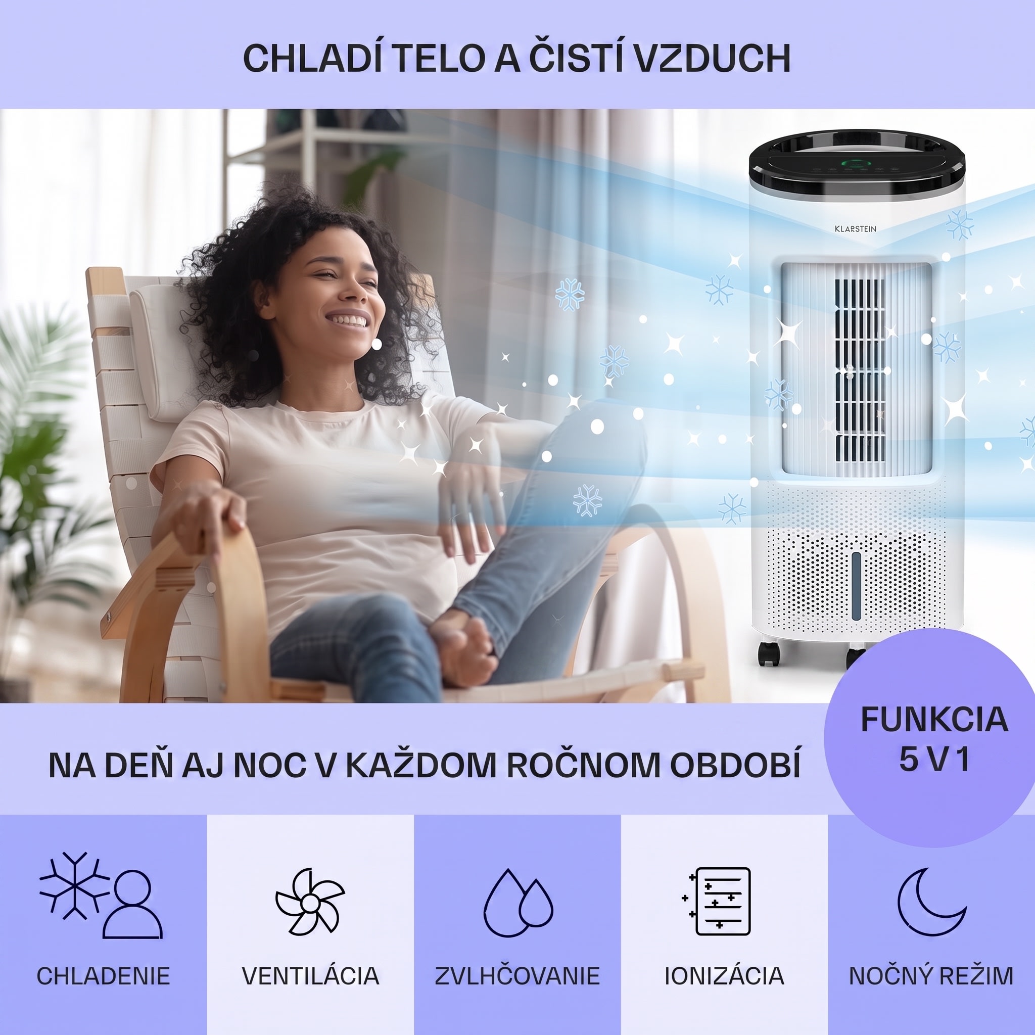 Klarstein IceWind Plus, 4 v 1 ochladzovač vzduchu, ventilátor, zvlhčovač vzduchu, čistička vzduchu, ionizátor, 65 W, 330 m³/h, 7 l, 4 rýchlosti, oscilácia, časovač, diaľkový ovládač, mobilný – Obrázok 2