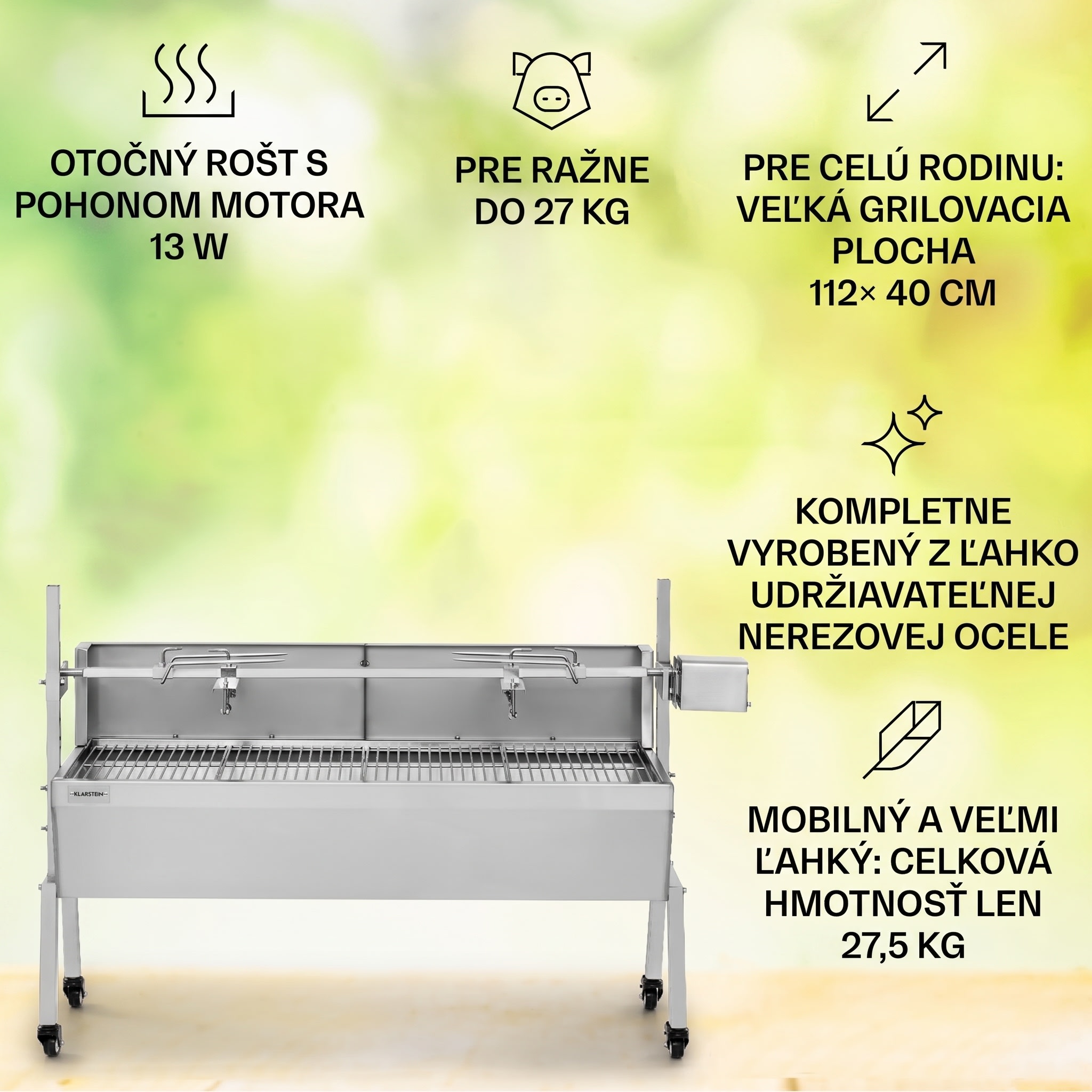 Klarstein Sauenland Pro gril na prasiatka s otočným ražňom 13W, 4 kolieska, nerezová oceľ – Obrázok 2