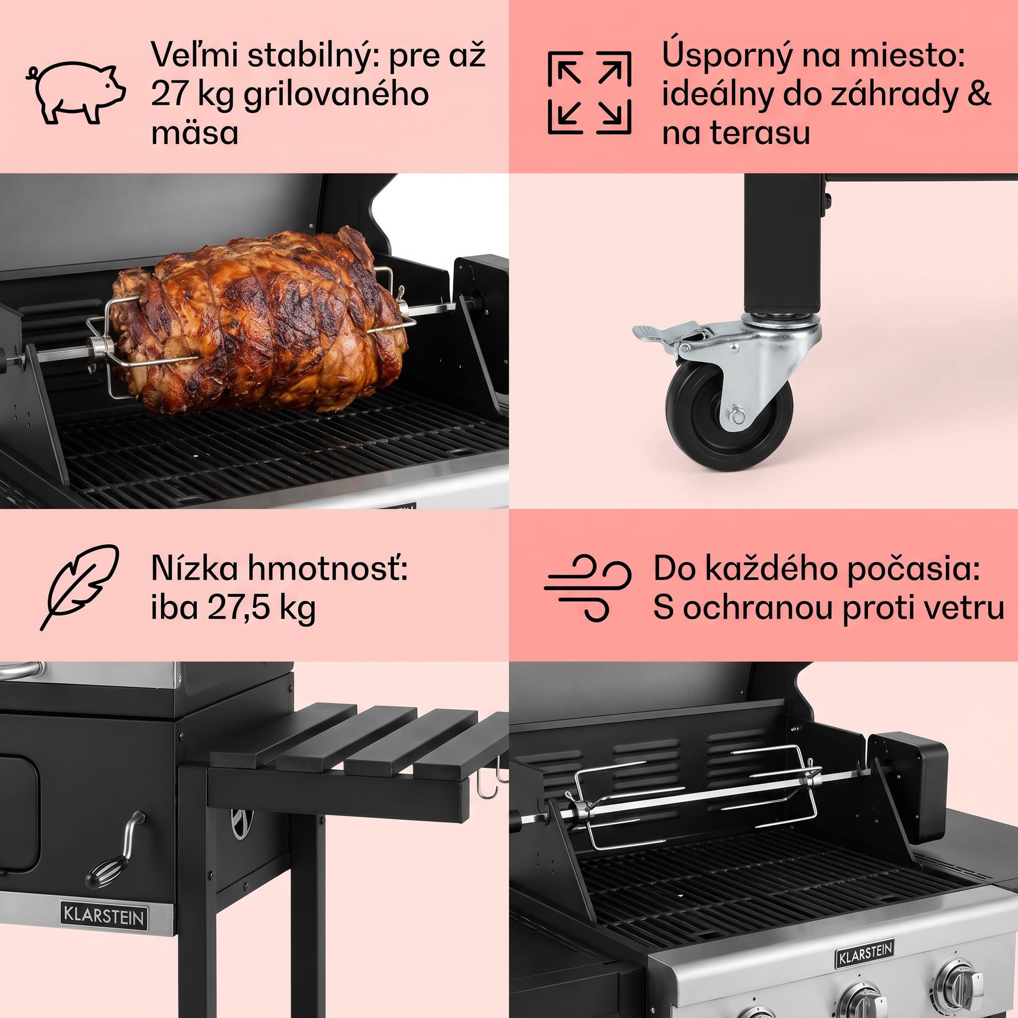 Klarstein Sauenland Pro gril na prasiatka s otočným ražňom 13W, 4 kolieska, nerezová oceľ – Obrázok 5