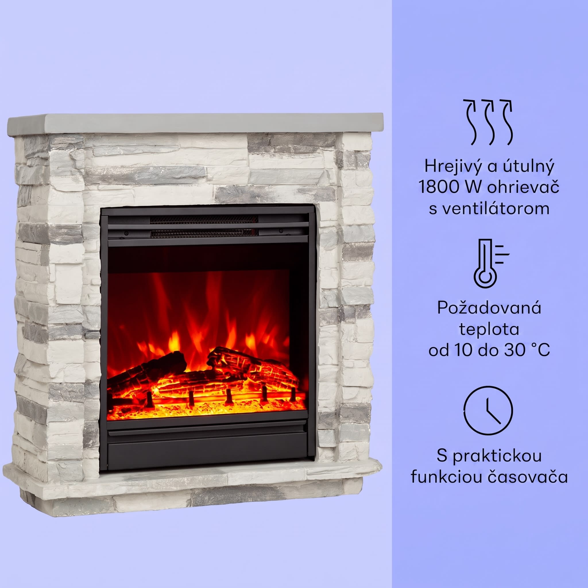 Klarstein Lienz, elektrický krb, 1800 W, vzhľad kameňa, diaľkové ovládanie, svetlosivý – Obrázok 3