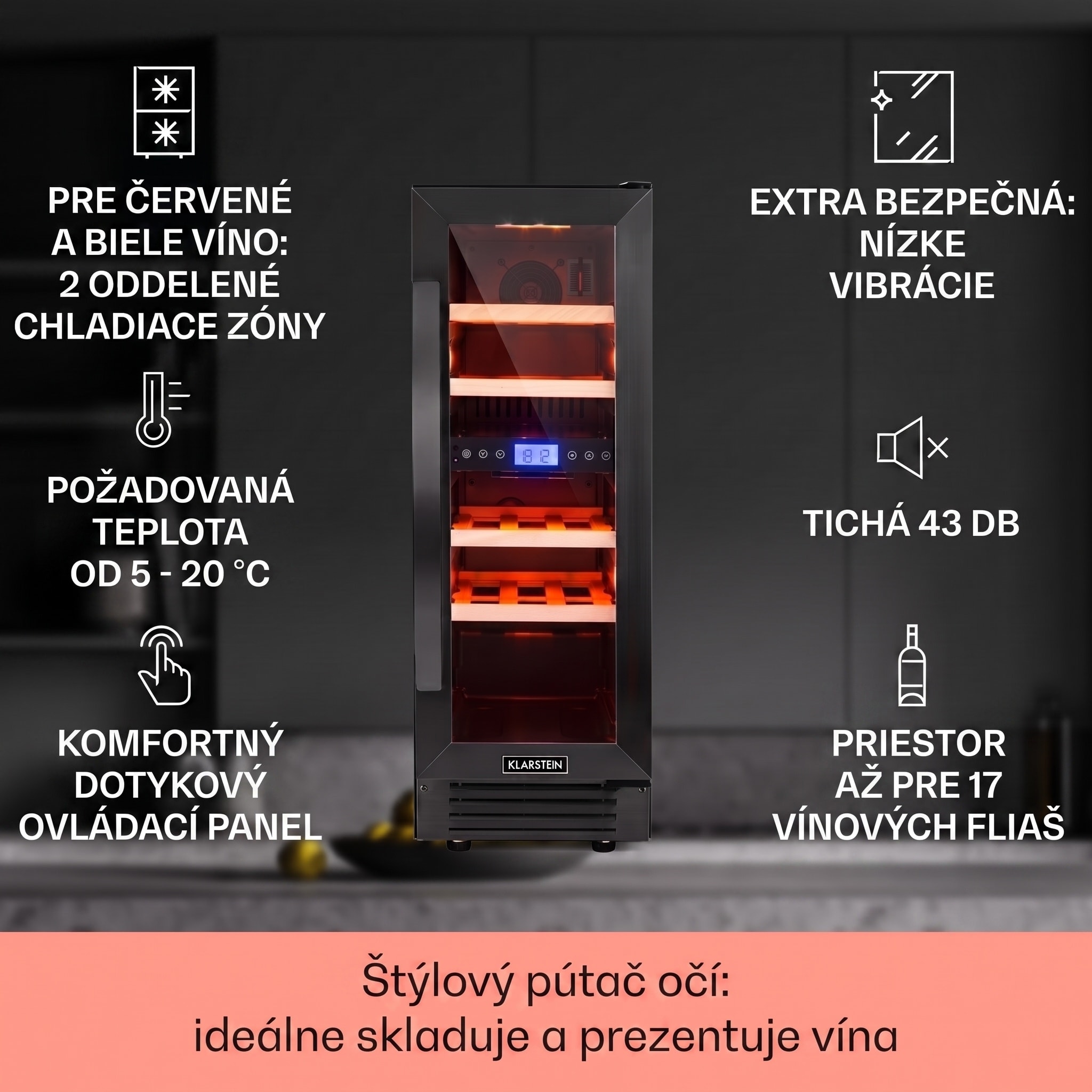 Klarstein Vinovilla 17 Built-in Duo Onyx Edition, dvojzónová vinotéka, 53 l, 17 fliaš, 3-farebné LED osvetlenie, sklenené dvere – Obrázok 2