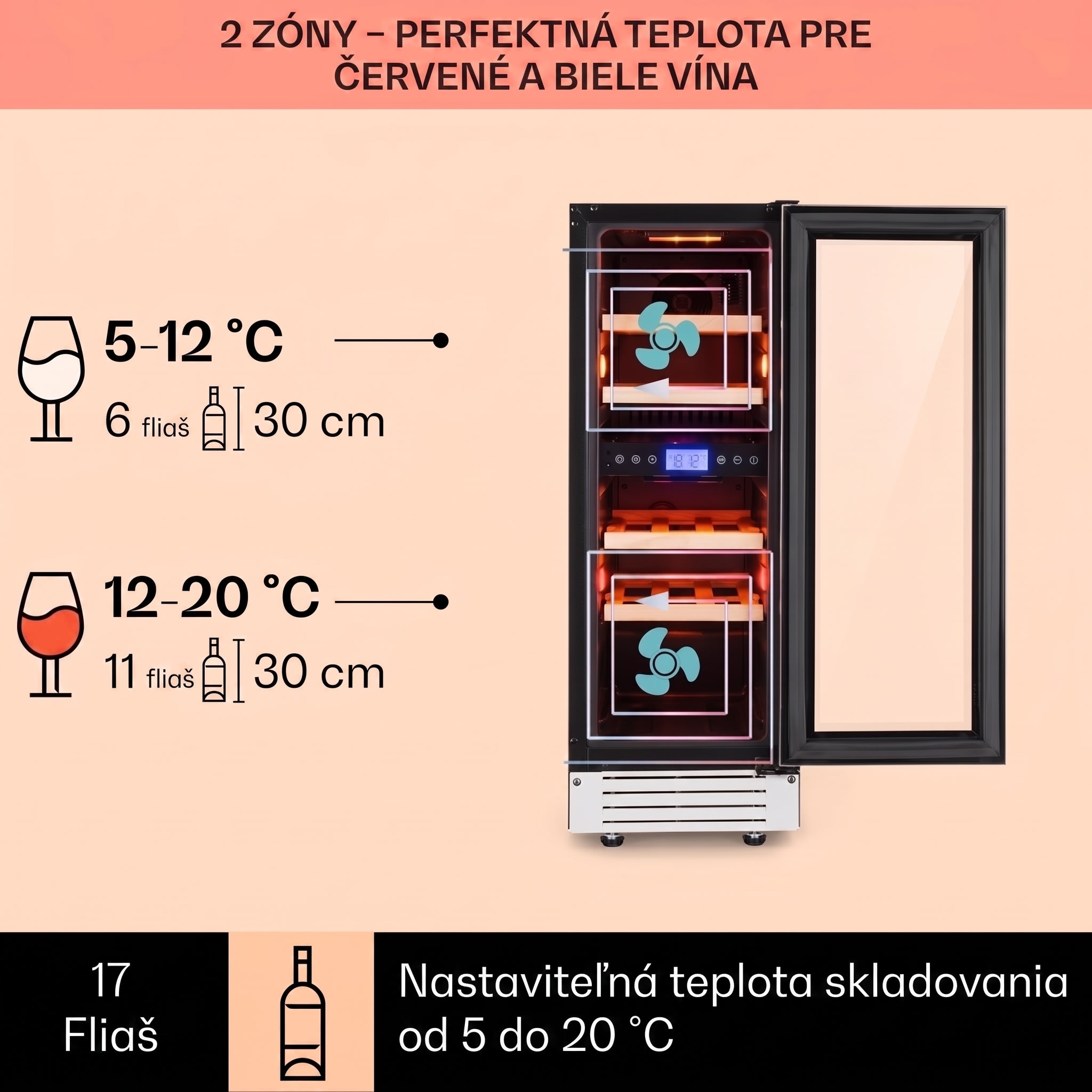 Klarstein Vinovilla 17 Built-in Duo Onyx Edition, dvojzónová vinotéka, 53 l, 17 fliaš, 3-farebné LED osvetlenie, sklenené dvere – Obrázok 3