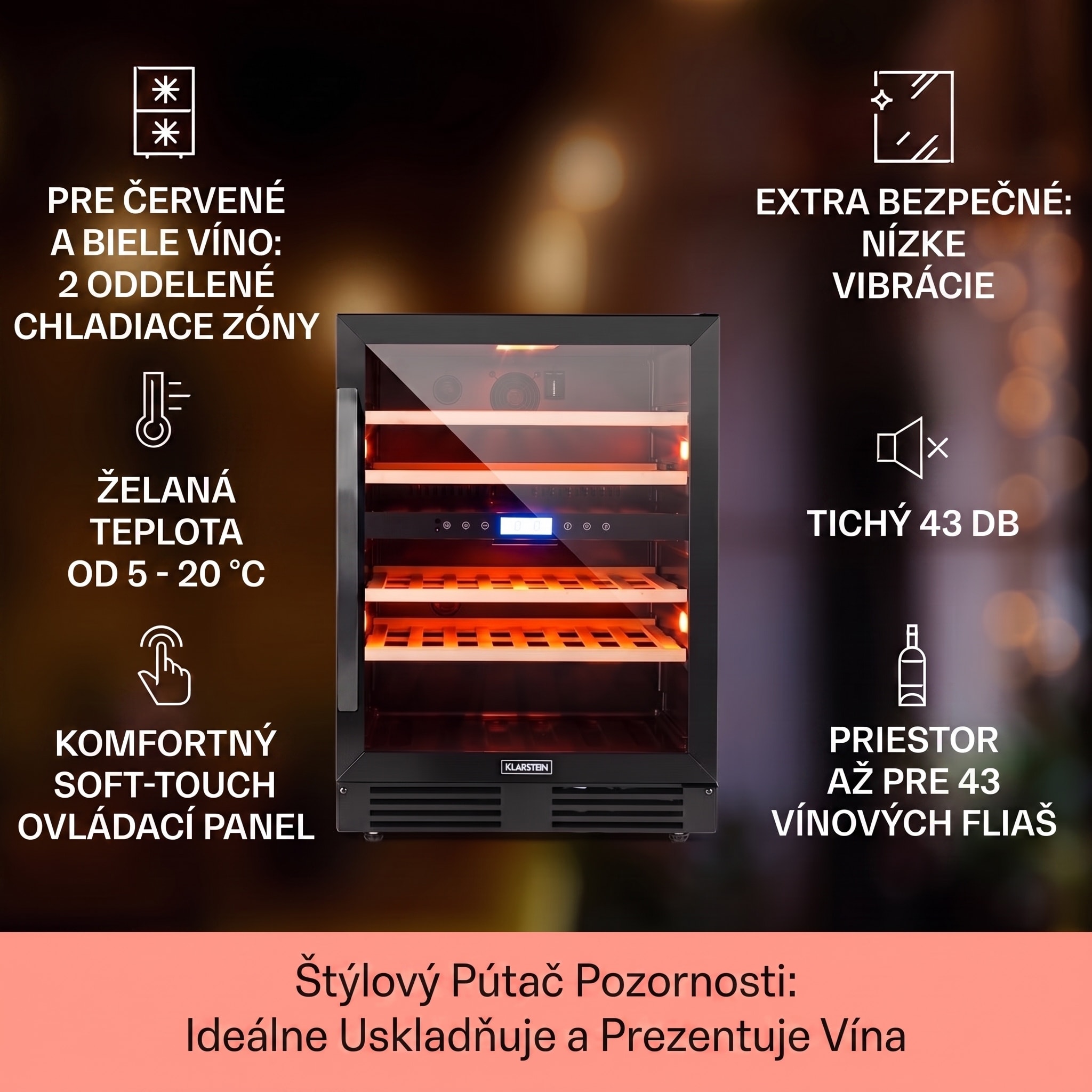 Klarstein Vinovilla Onyx 43, dvojzónová vinotéka, 129 l, 43 fliaš, 3-farebné LED osvetlenie – Obrázok 2