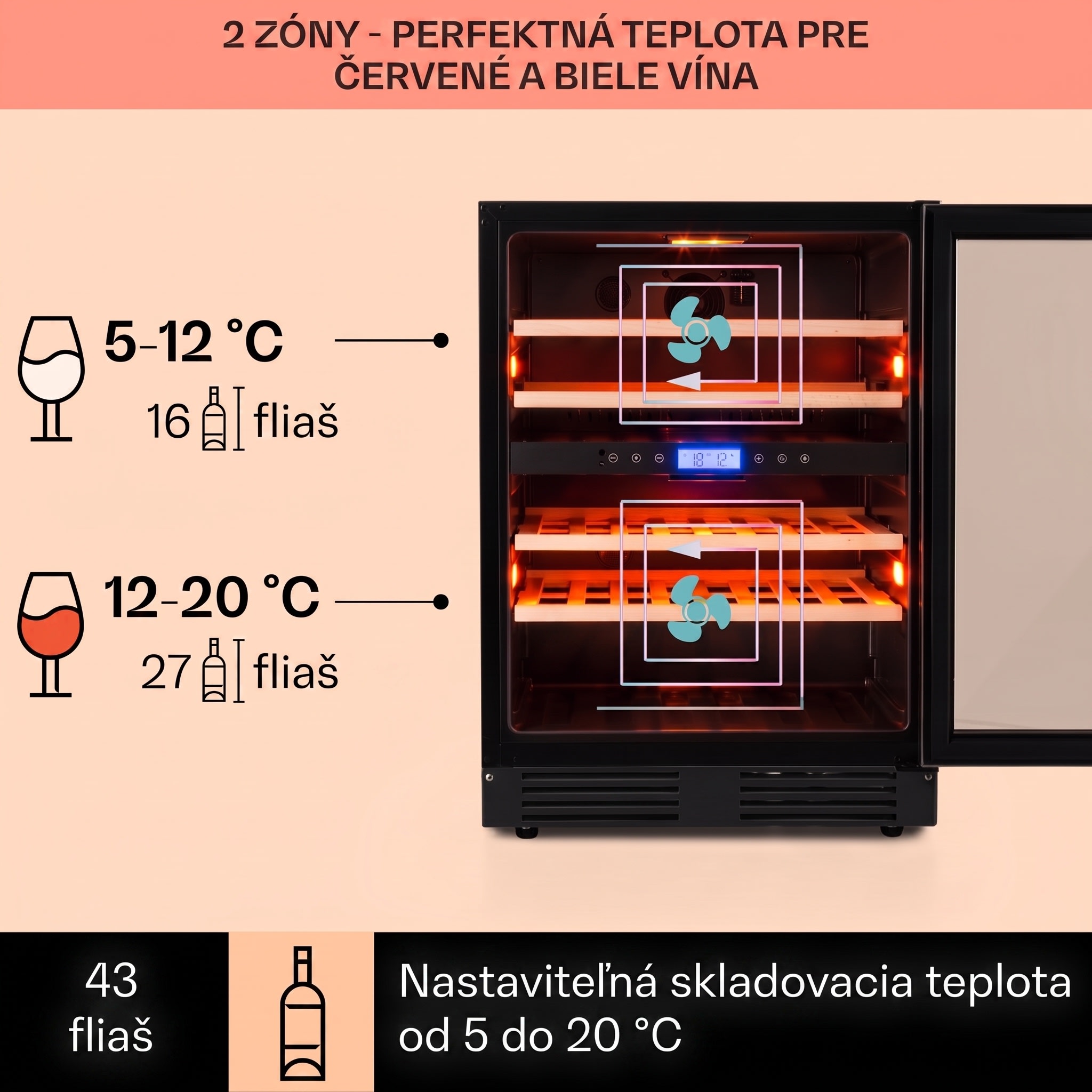Klarstein Vinovilla Onyx 43, dvojzónová vinotéka, 129 l, 43 fliaš, 3-farebné LED osvetlenie – Obrázok 3