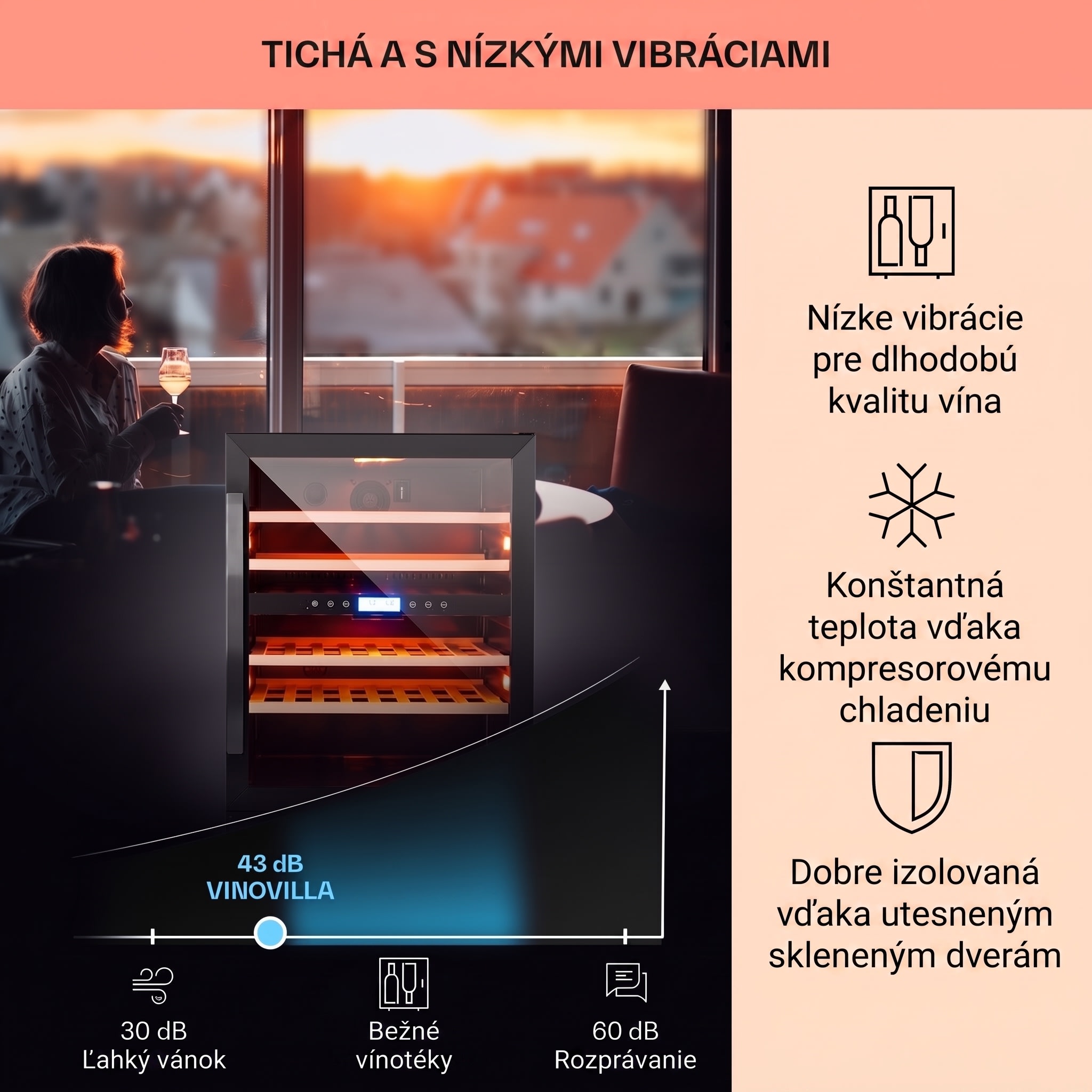 Klarstein Vinovilla Onyx 43, dvojzónová vinotéka, 129 l, 43 fliaš, 3-farebné LED osvetlenie – Obrázok 4