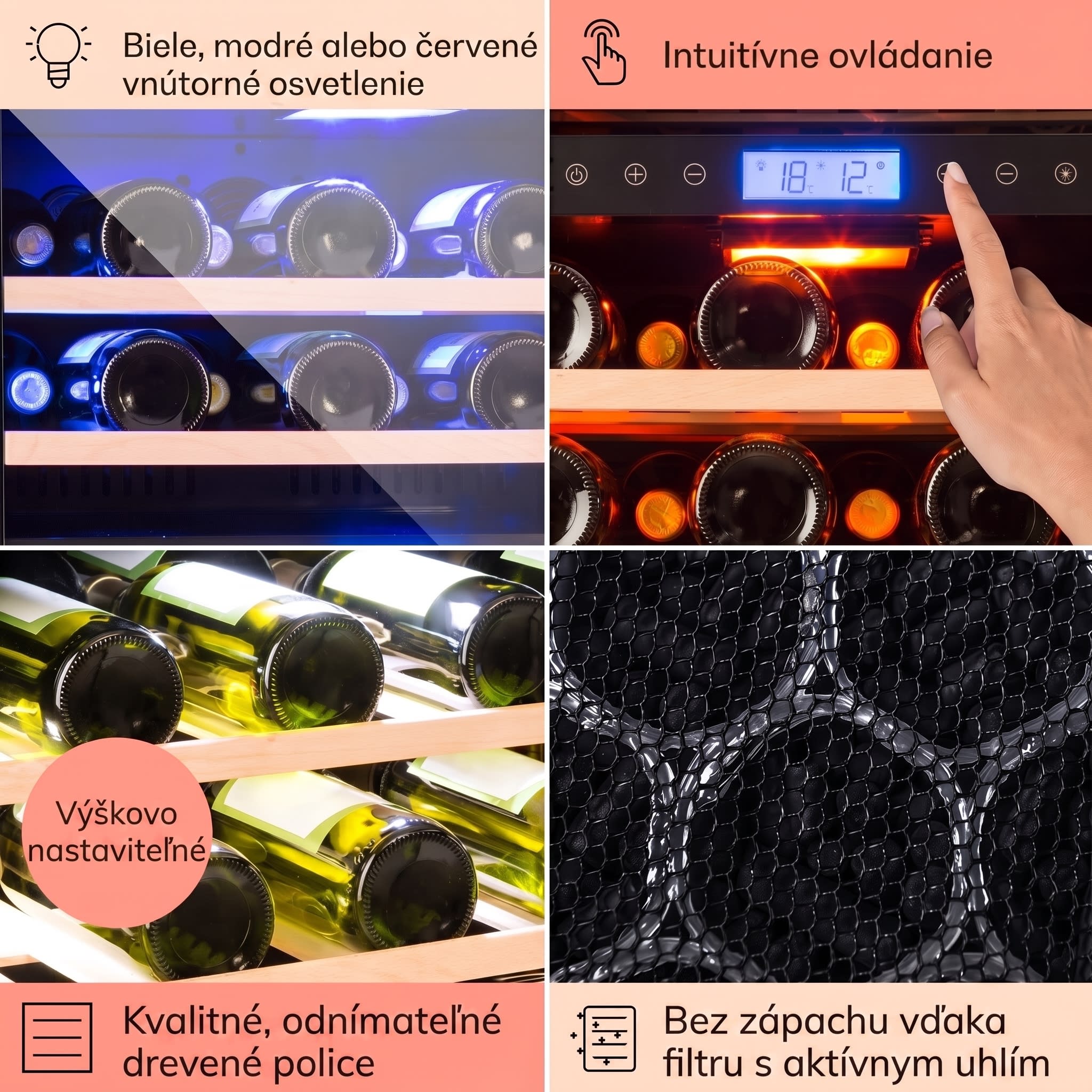 Klarstein Vinovilla Onyx 43, dvojzónová vinotéka, 129 l, 43 fliaš, 3-farebné LED osvetlenie – Obrázok 5