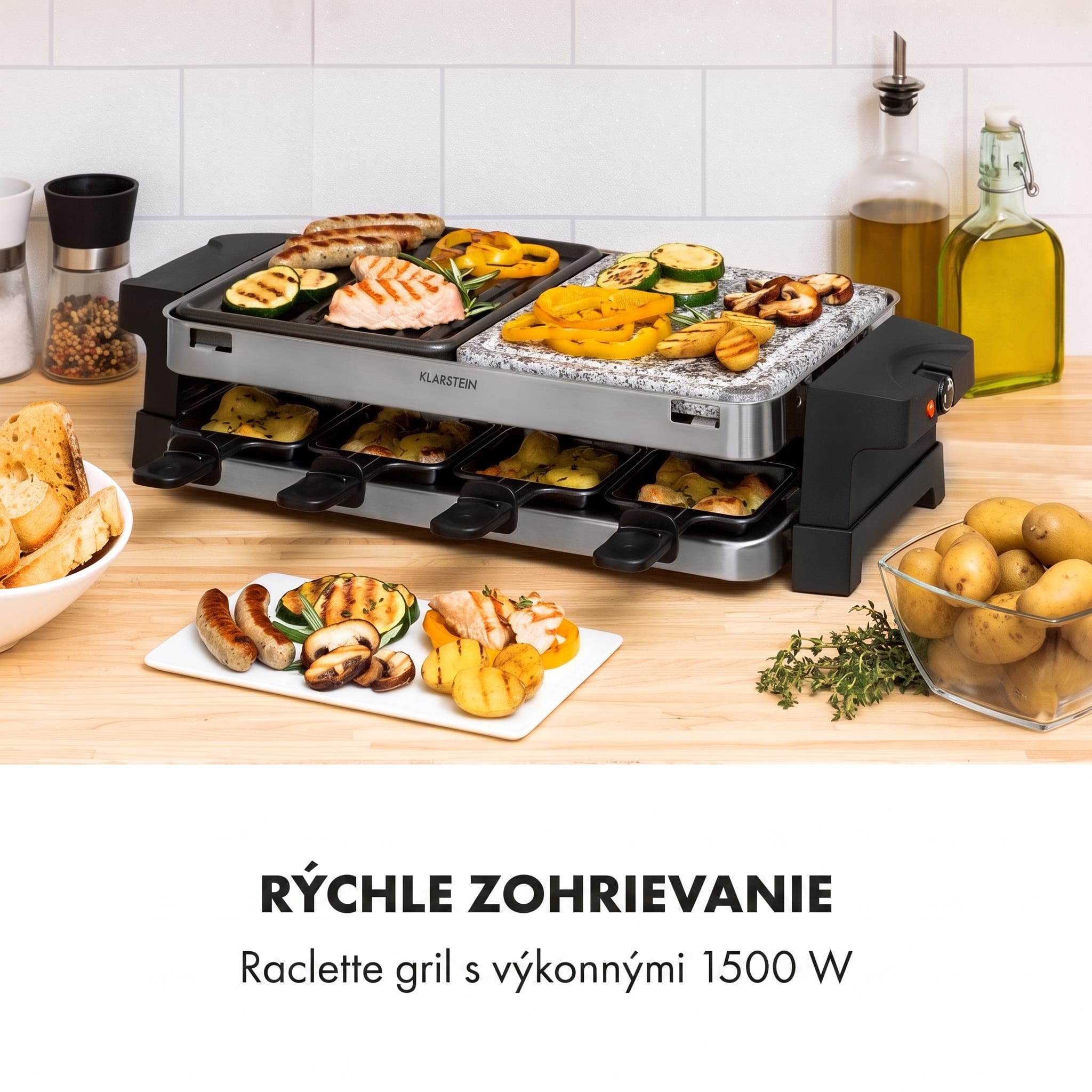 Klarstein Sirloin, raclette gril, 1500 W, hliník/kameň, pre 8 osôb, LED kontrolky – Obrázok 2