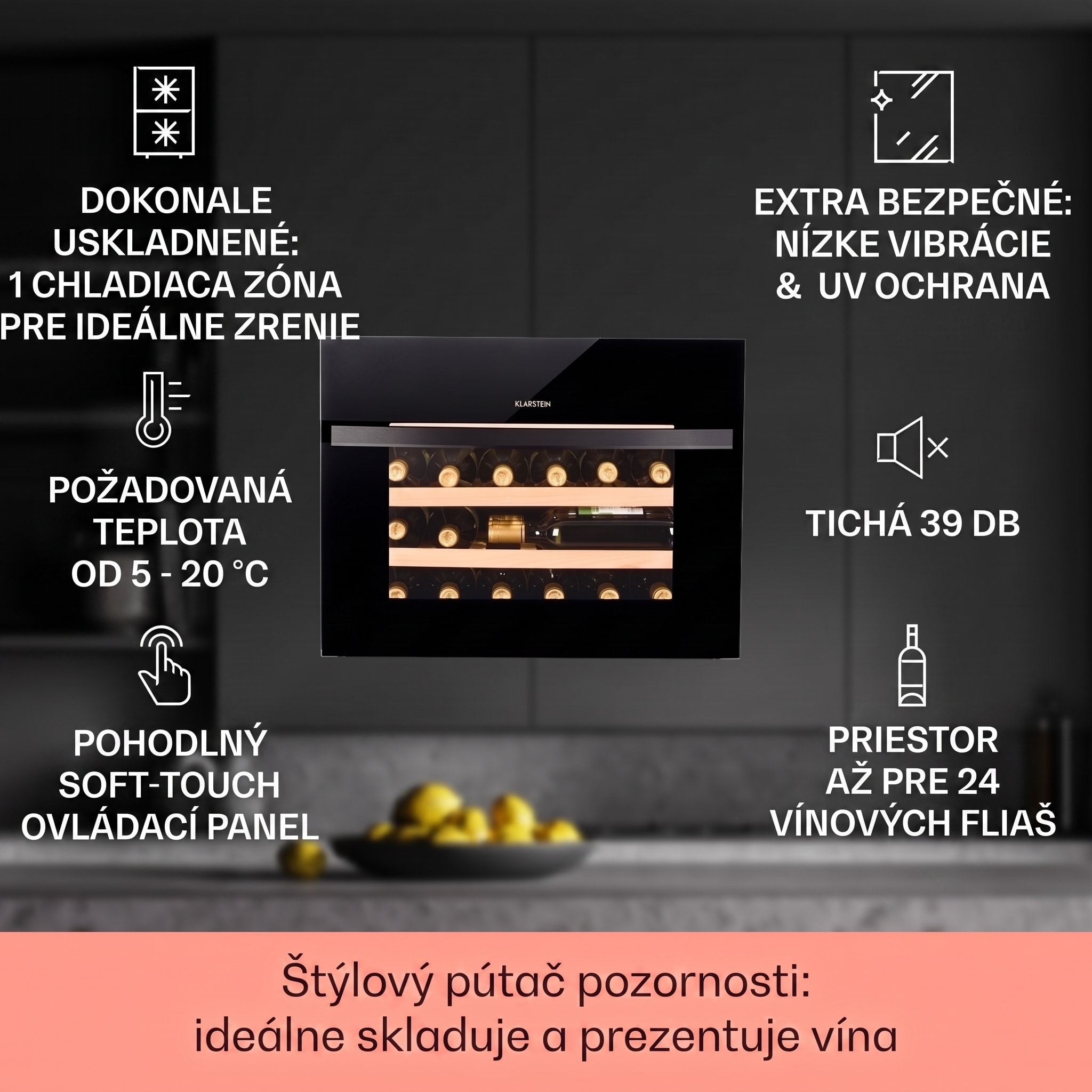 Klarstein Vinsider 24 Built-In Uno, vinotéka, 24 fliaš, energet. trieda G, 1 zóna – Obrázok 2