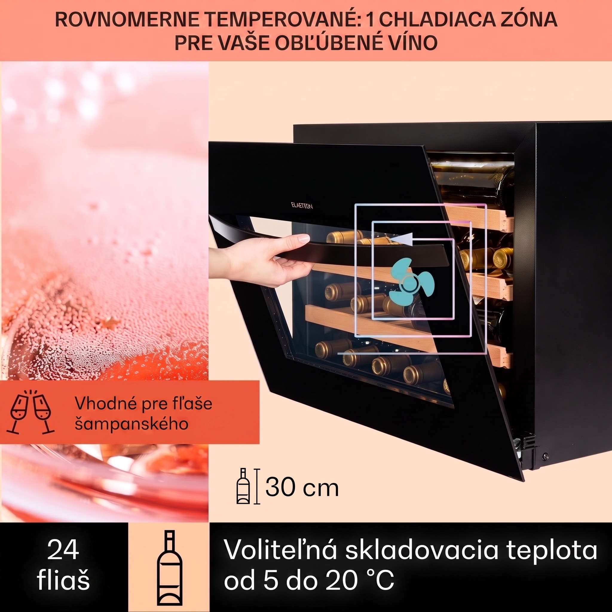 Klarstein Vinsider 24 Built-In Uno, vinotéka, 24 fliaš, energet. trieda G, 1 zóna – Obrázok 3