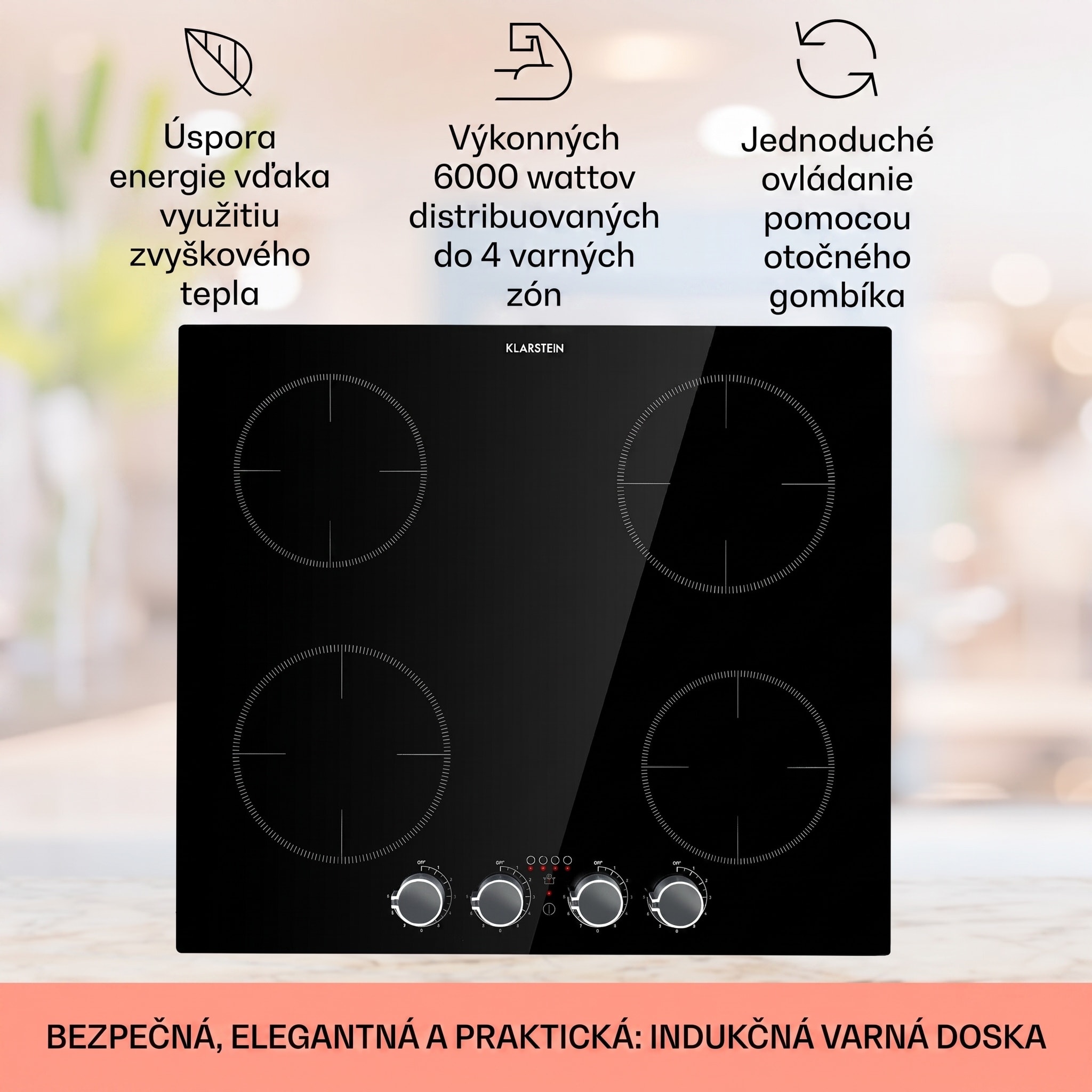 Klarstein Kochheld, indukčná varná doska, 6000 W, 4 zóny, otočné regulátory, sklo, čierna – Obrázok 2