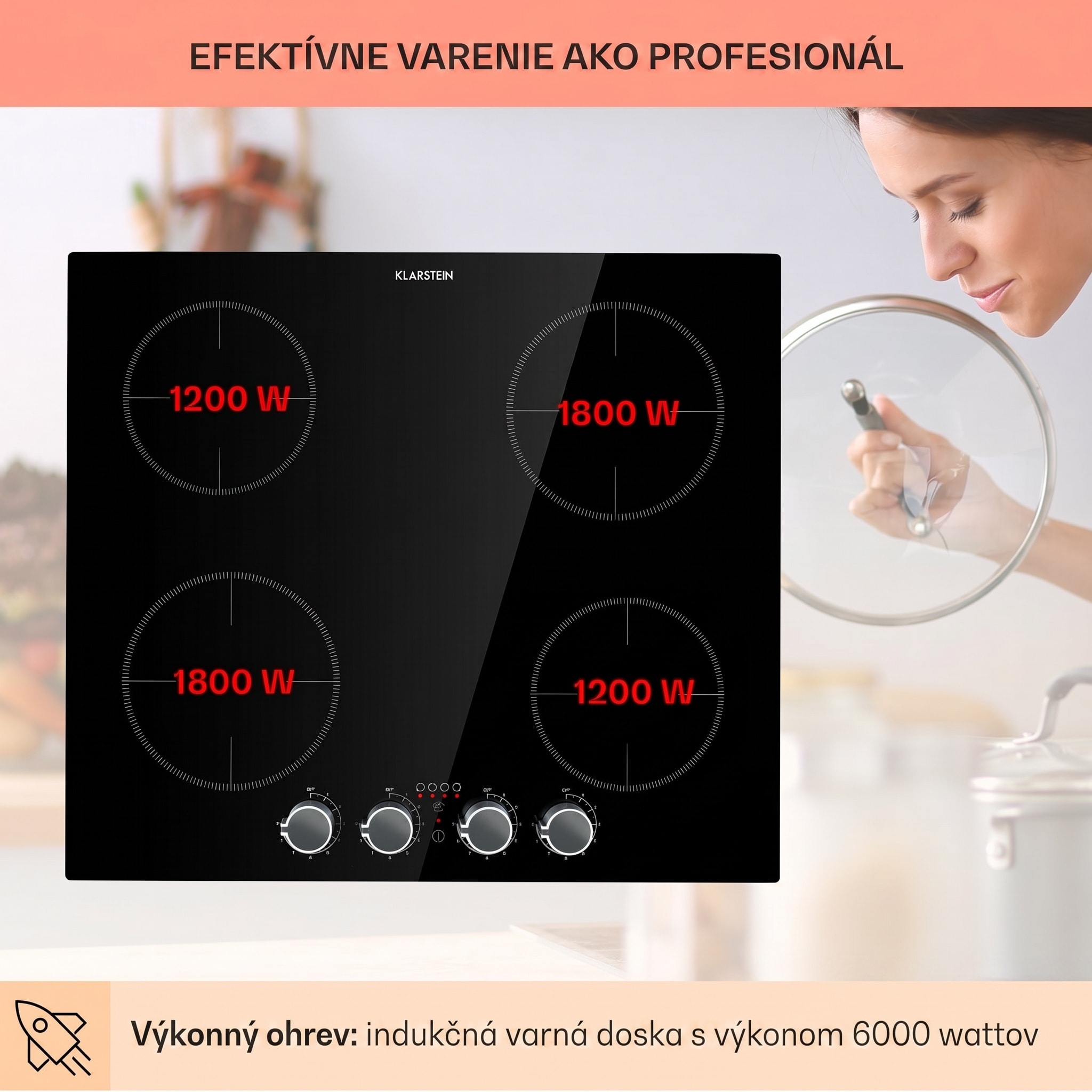 Klarstein Kochheld, indukčná varná doska, 6000 W, 4 zóny, otočné regulátory, sklo, čierna – Obrázok 3