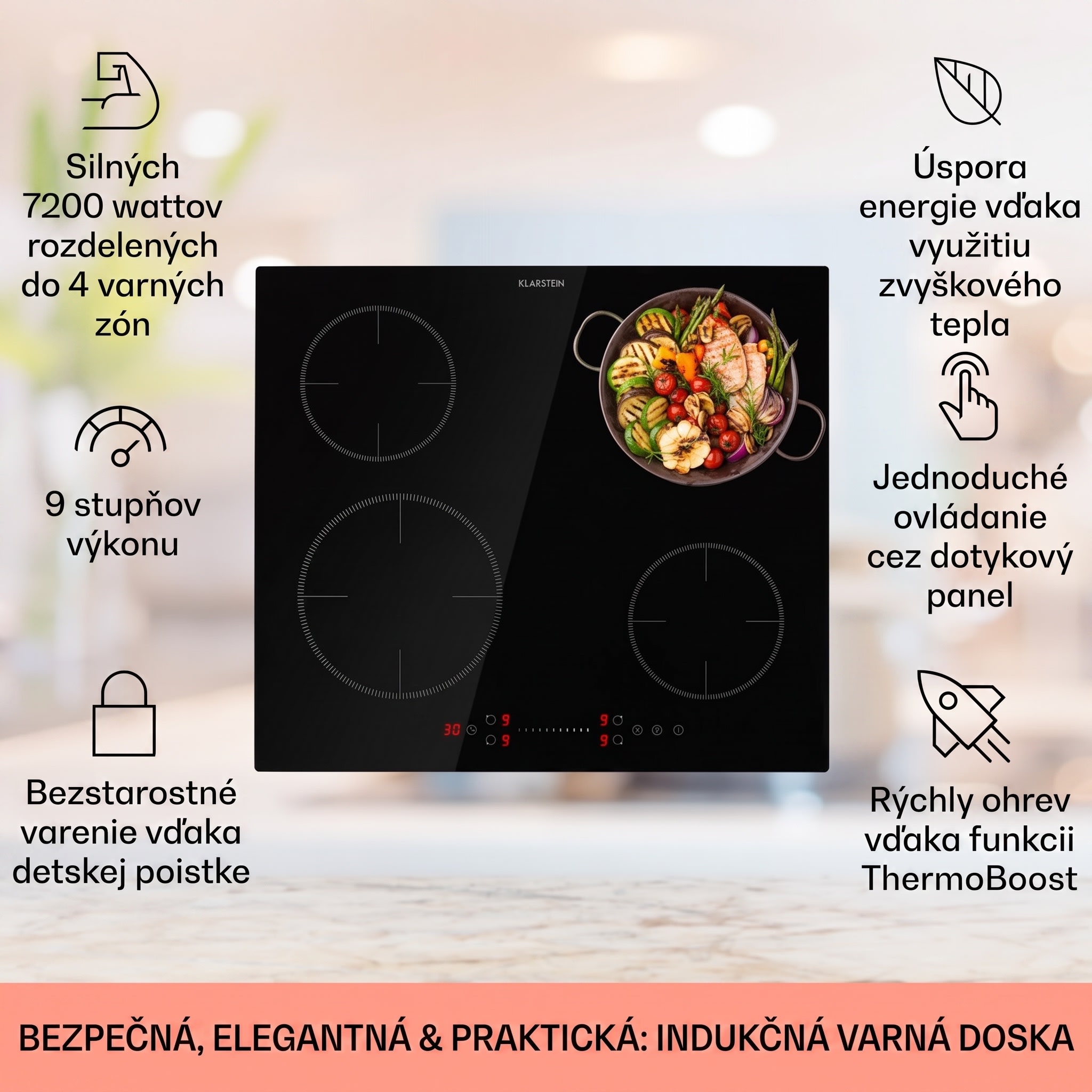 Klarstein Virtuosa EcoAdapt, indukčná varná doska, 7200 W, 4 zóny, sklo, čierna – Obrázok 2