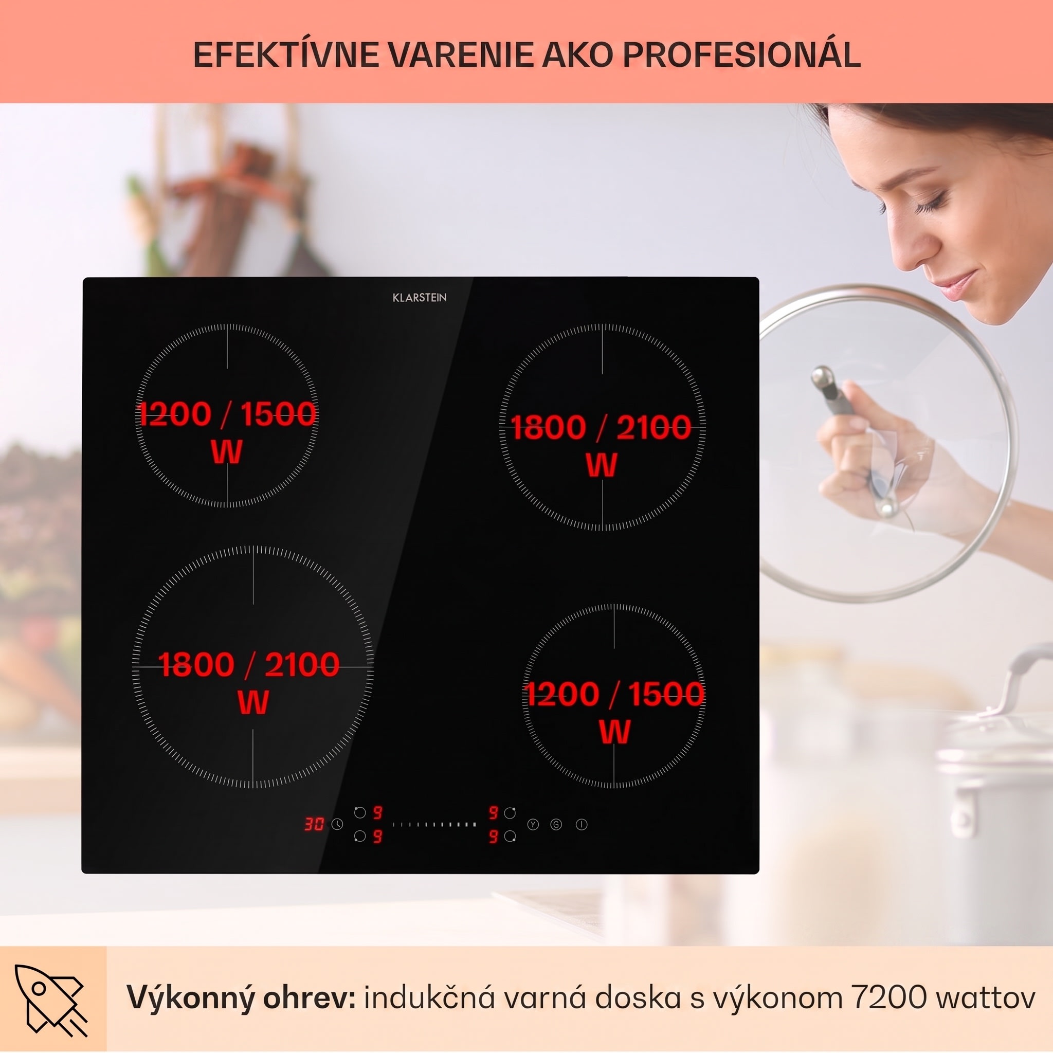 Klarstein Virtuosa EcoAdapt, indukčná varná doska, 7200 W, 4 zóny, sklo, čierna – Obrázok 3