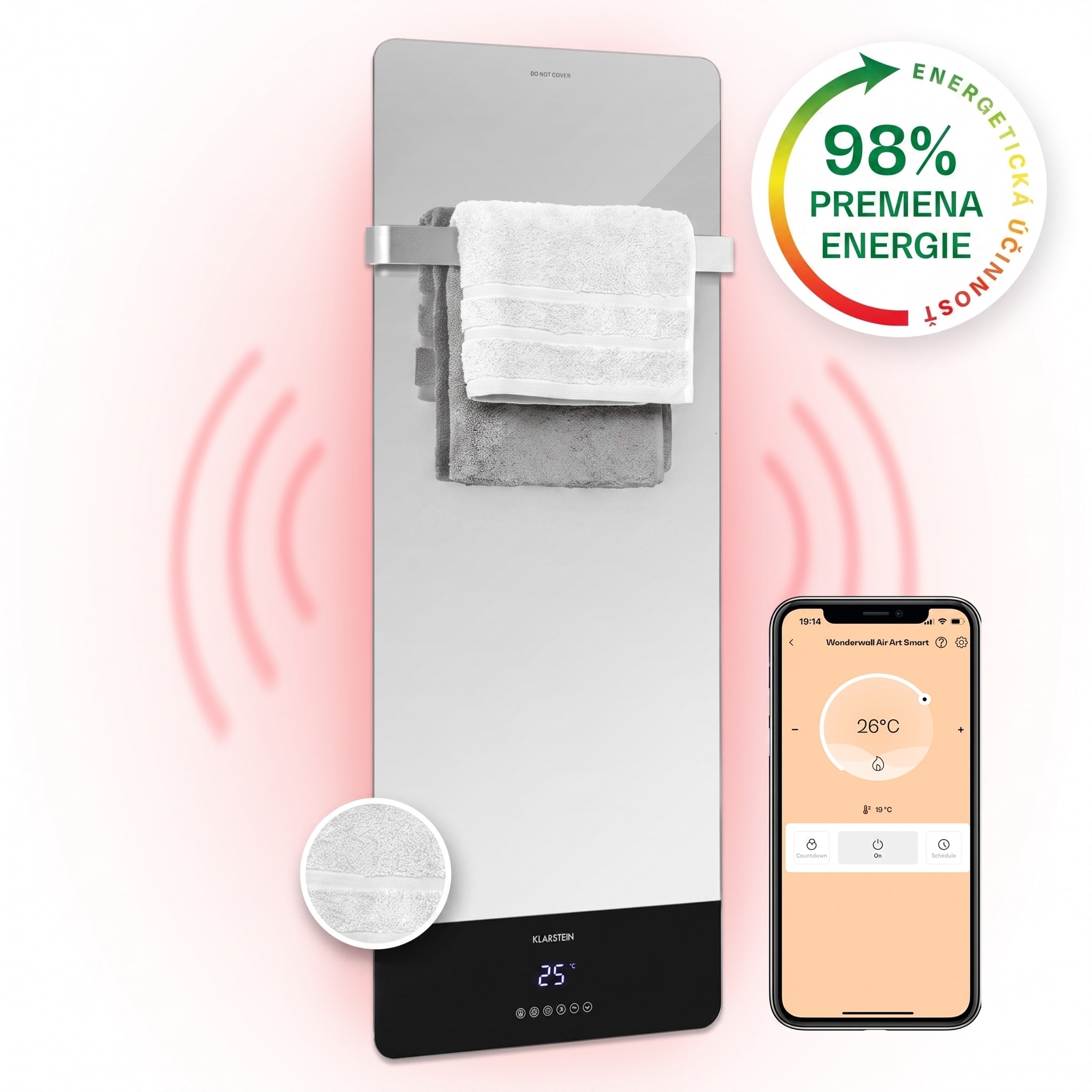 Klarstein Hot Spot Crystal Reflect Smart, infračervený ohrievač, 850 W, aplikácia, časovač, zrkadlo
