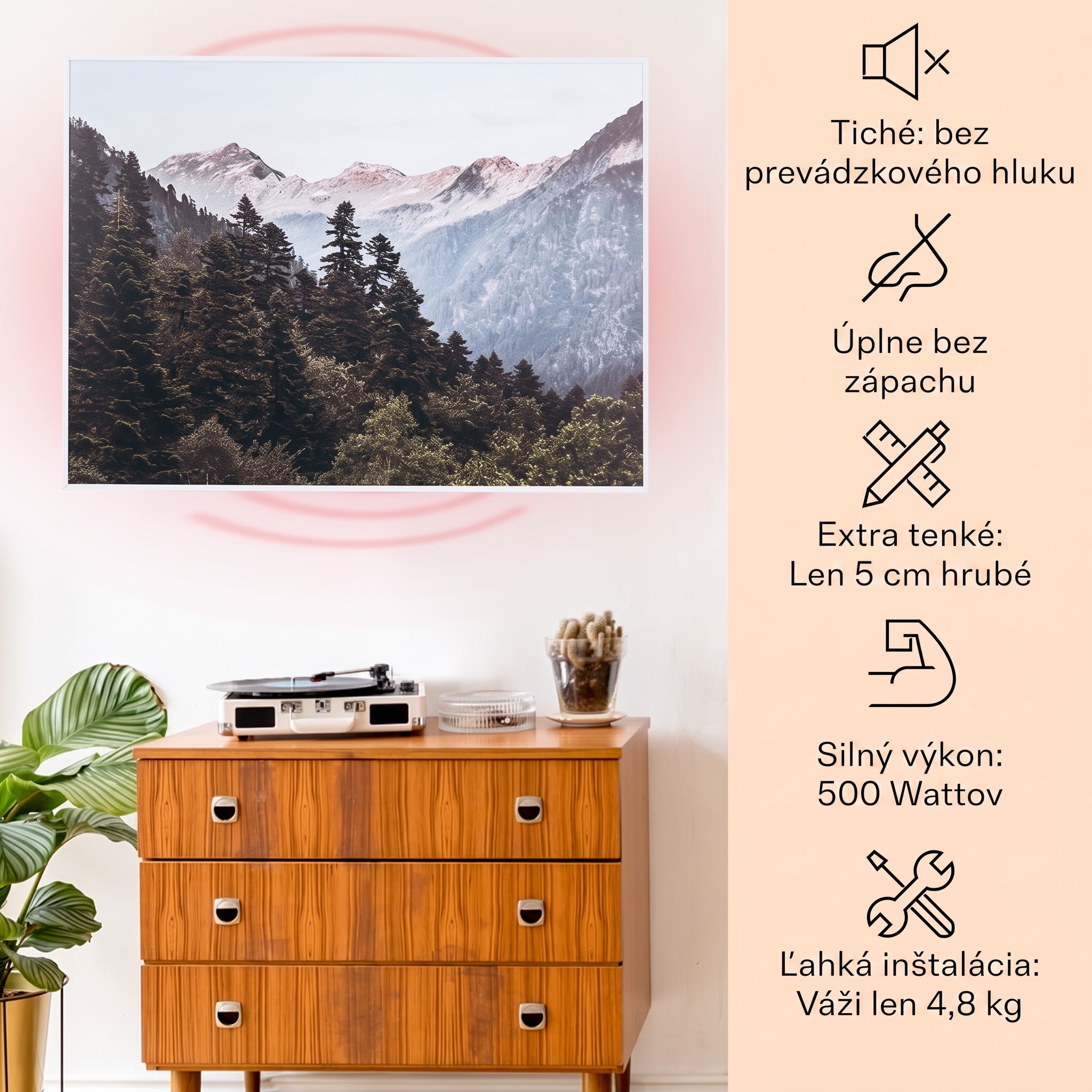 Klarstein Wonderwall Air Art Smart, infračervený ohrievač, 80 x 60 cm, 500 W, nástenná inštalácia, hora – Obrázok 2