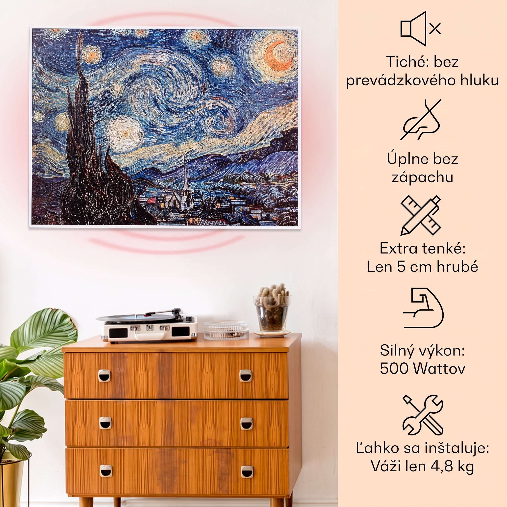 Klarstein Wonderwall Air Art Smart, infračervený ohrievač, 80 x 60 cm, 500 W, hviezdna noc – Obrázok 2