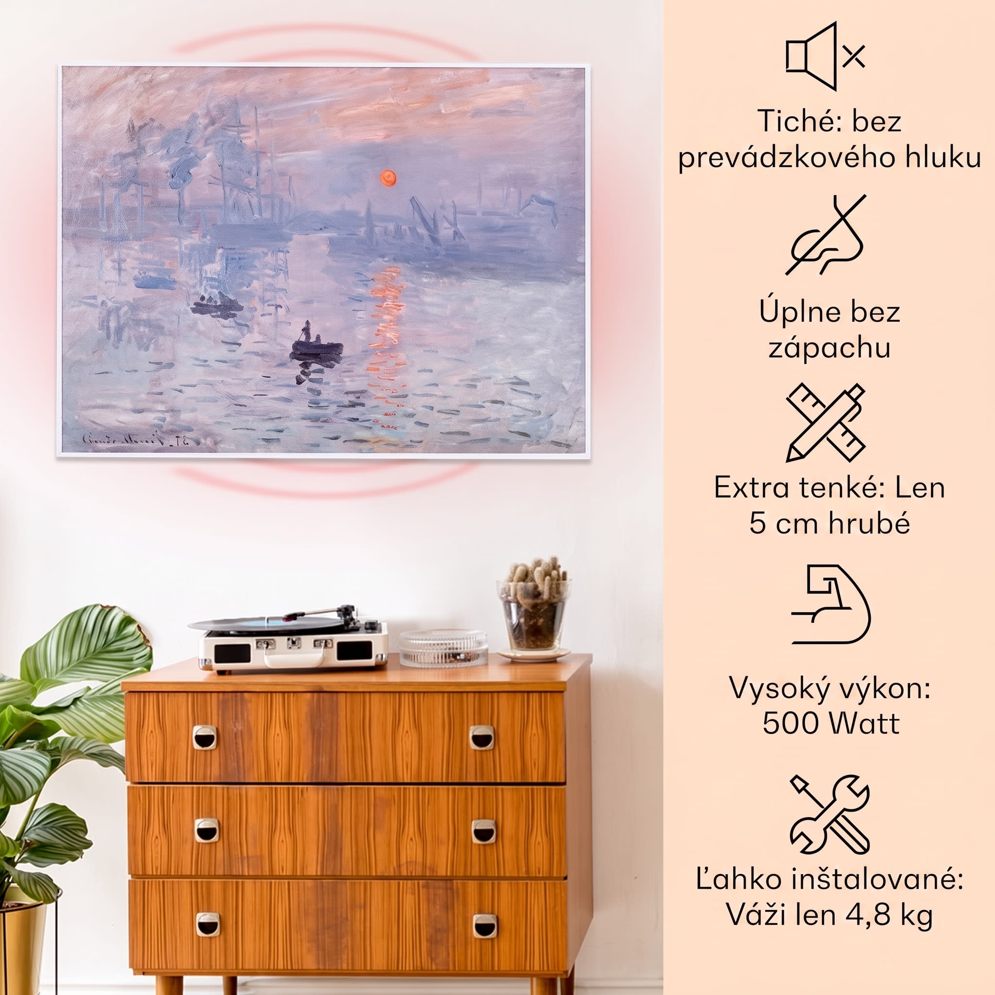 Klarstein Wonderwall Air Art Smart, infračervený ohrievač, 80 x 60 cm, 500 W, východ slnka – Obrázok 2