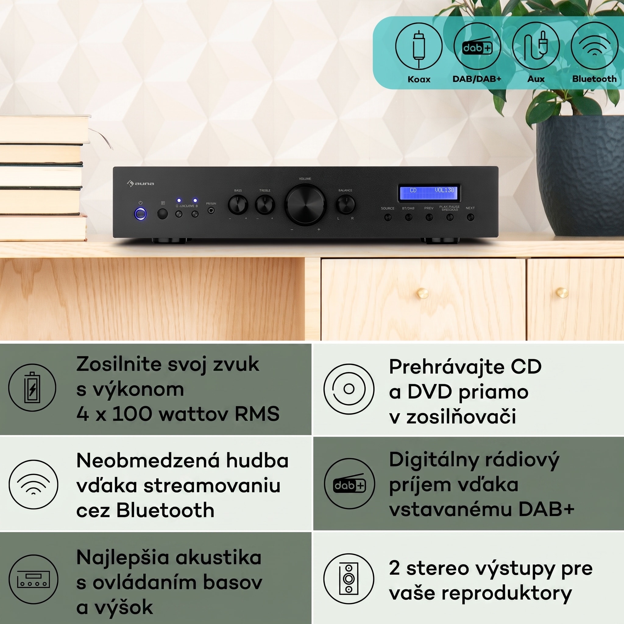 Auna AMP-CD608 DAB, HiFi stereo zosilňovač, 4 x 100 W, RMS, DAB+ BT, optický vstup, diaľkový ovládač – Obrázok 2