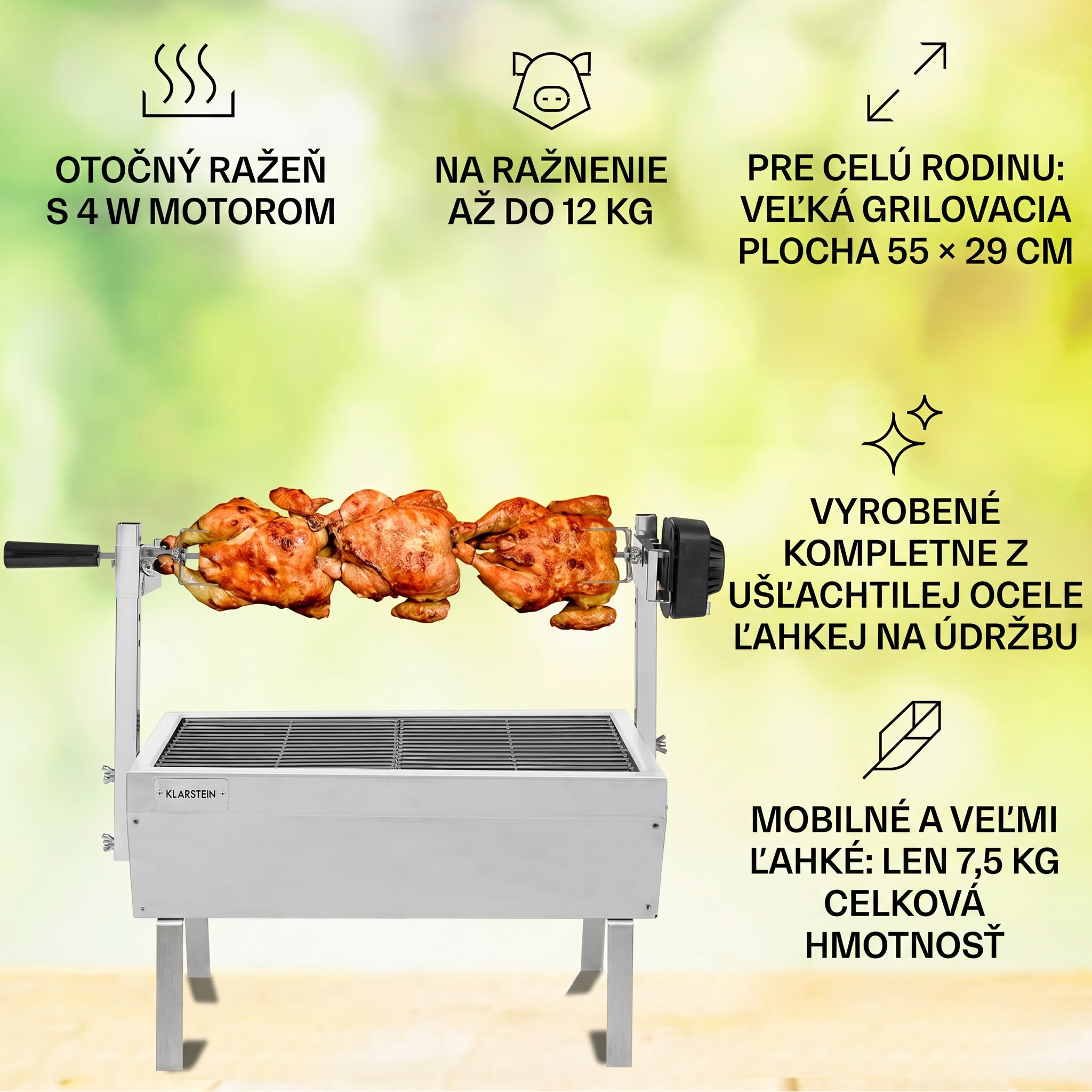 Klarstein Sauenland Mini, rotačný gril s ražňom, otočný špíz, 4 W, 12 kg max., ušľachtilá oceľ – Obrázok 2
