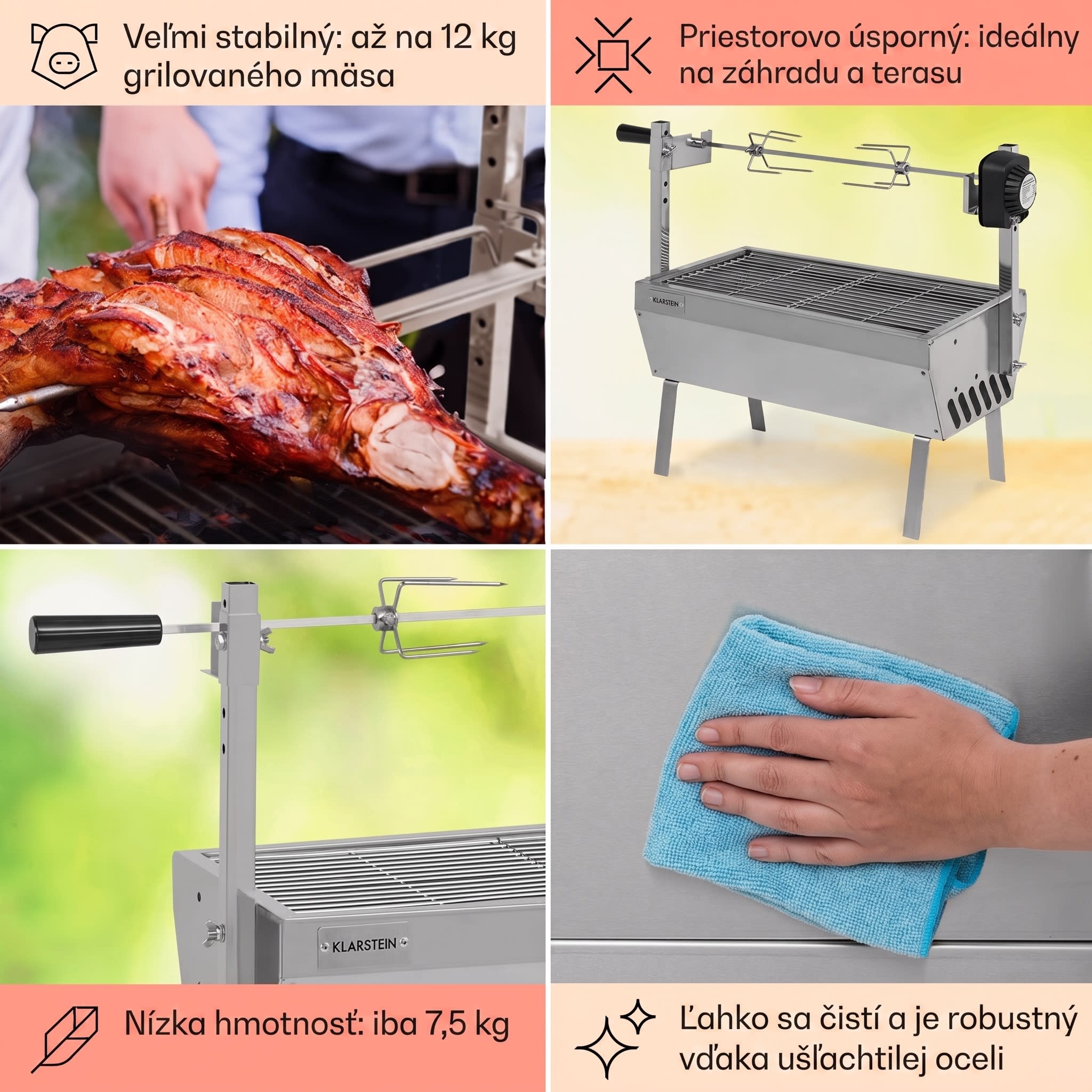 Klarstein Sauenland Mini, rotačný gril s ražňom, otočný špíz, 4 W, 12 kg max., ušľachtilá oceľ – Obrázok 5