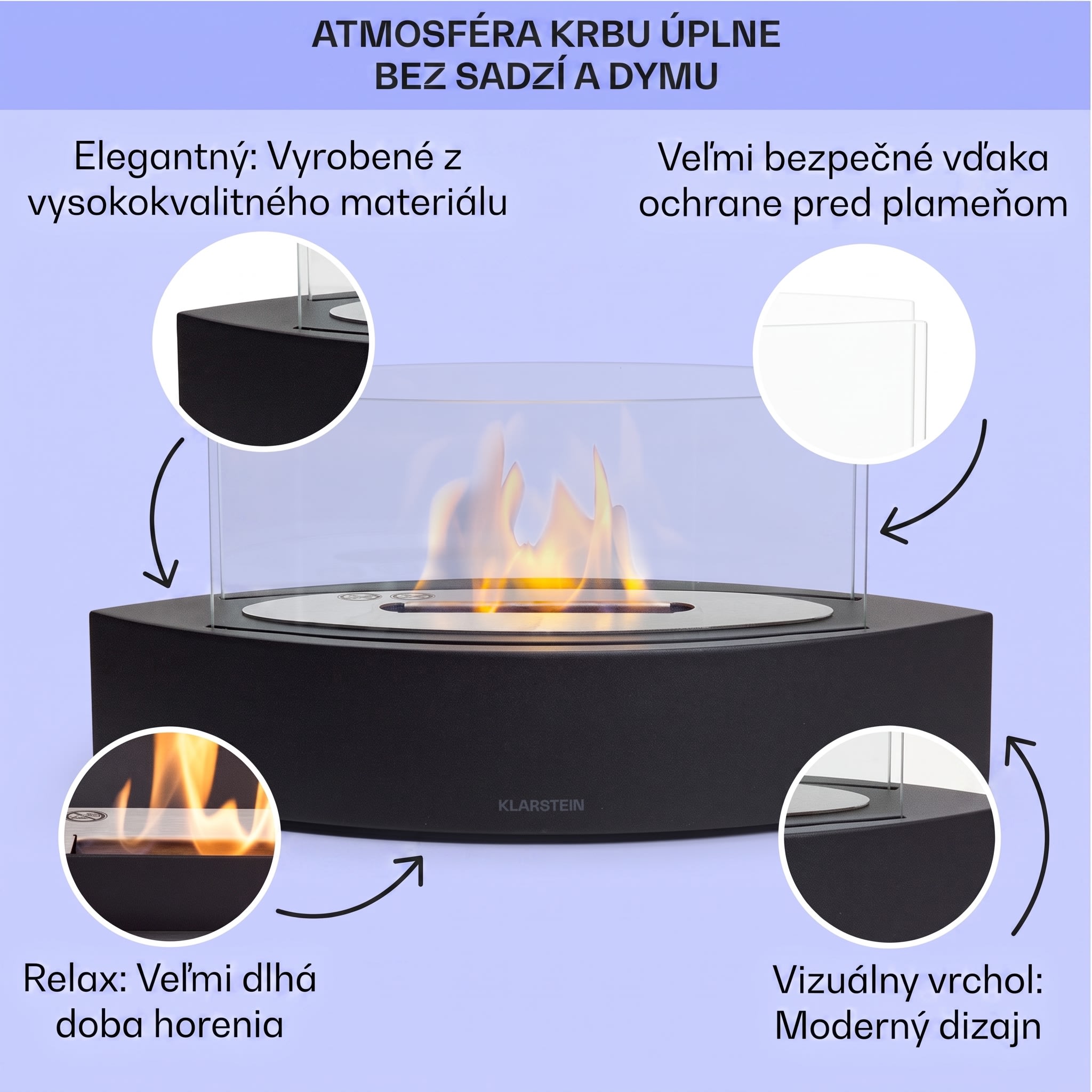 Klarstein Phantasma Curve ethanolový krb bez dymu a zápachu, nerezový horák, bezpečnostné sklo – Obrázok 2