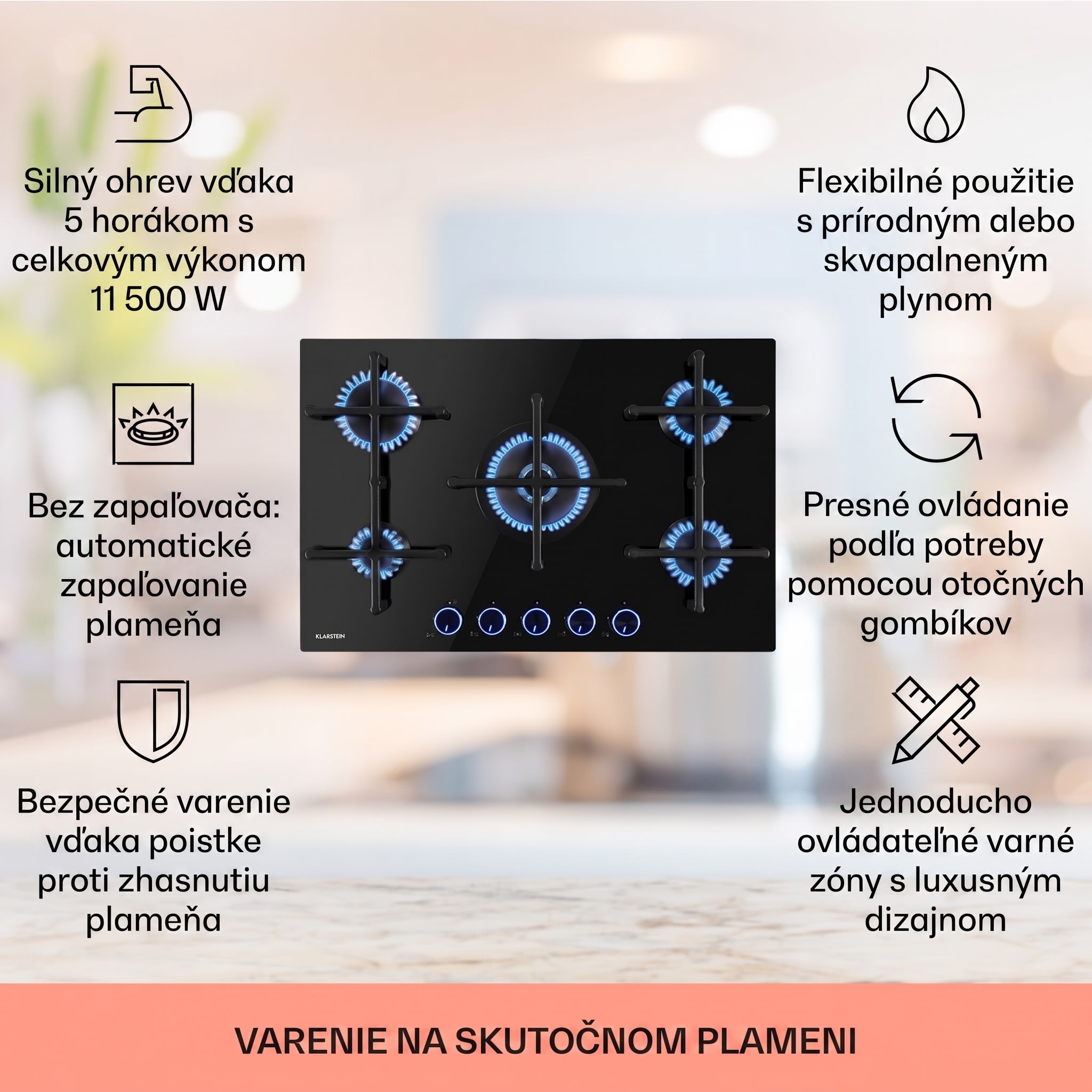 Klarstein Illuminosa 5 plynová varná doska 5 horákov Sabaf, sklokeramická – Obrázok 2