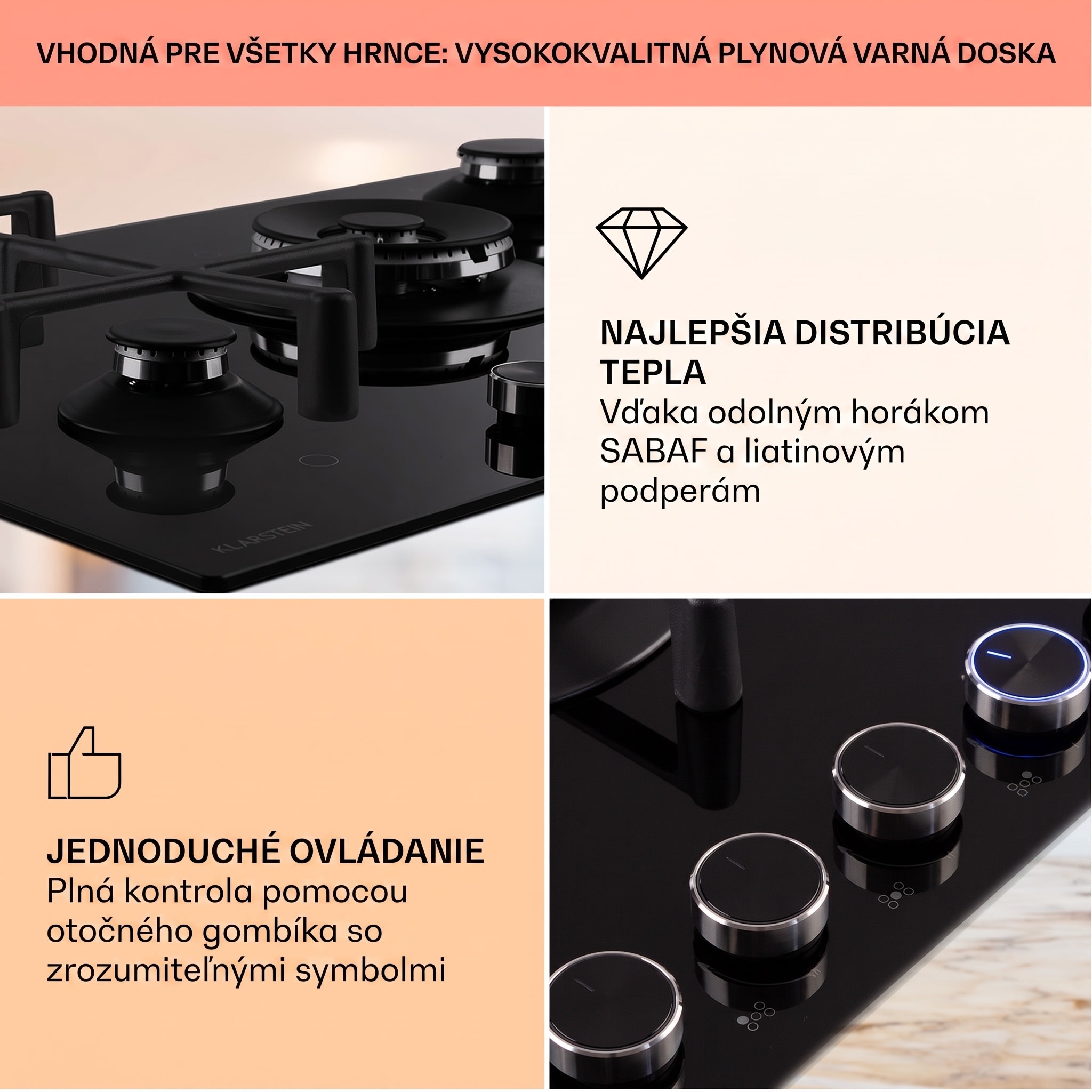 Klarstein Illuminosa 5 plynová varná doska 5 horákov Sabaf, sklokeramická – Obrázok 4