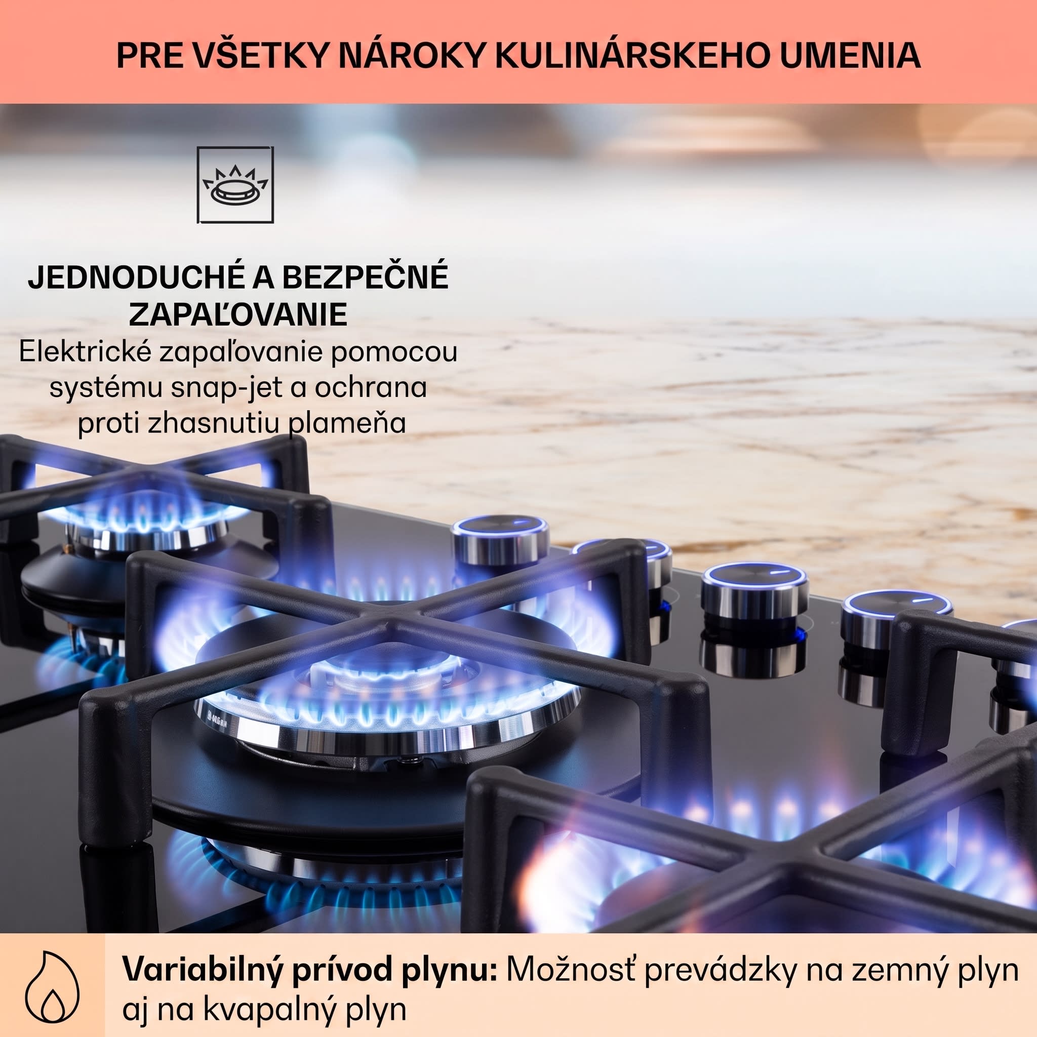 Klarstein Illuminosa 5 plynová varná doska 5 horákov Sabaf, sklokeramická – Obrázok 5