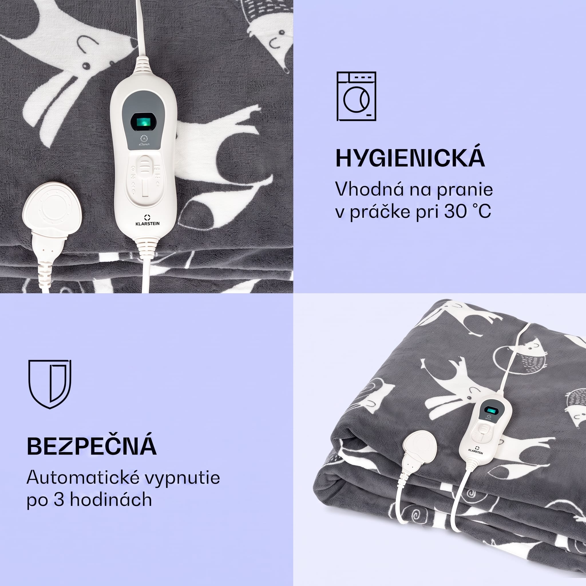 Klarstein Dr. Watson XXL, vyhrievacia deka, 120 W, 200 x 180 cm, coral fleece, antracitová, zvieratá – Obrázok 4