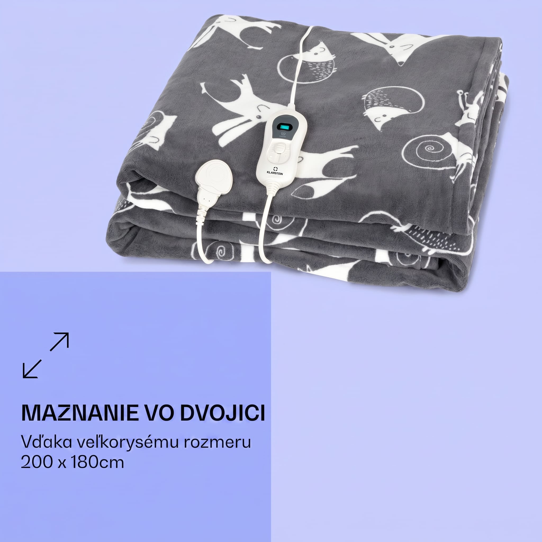 Klarstein Dr. Watson XXL, vyhrievacia deka, 120 W, 200 x 180 cm, coral fleece, antracitová, zvieratá – Obrázok 5