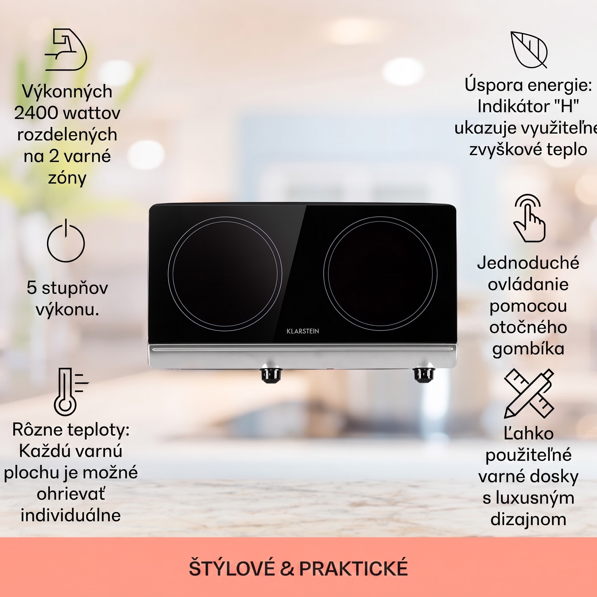 Klarstein Cookbuddy, varná doska, 2400 W, 2 platničky, 5 úrovní výkonu, sklokeramika – Obrázok 2