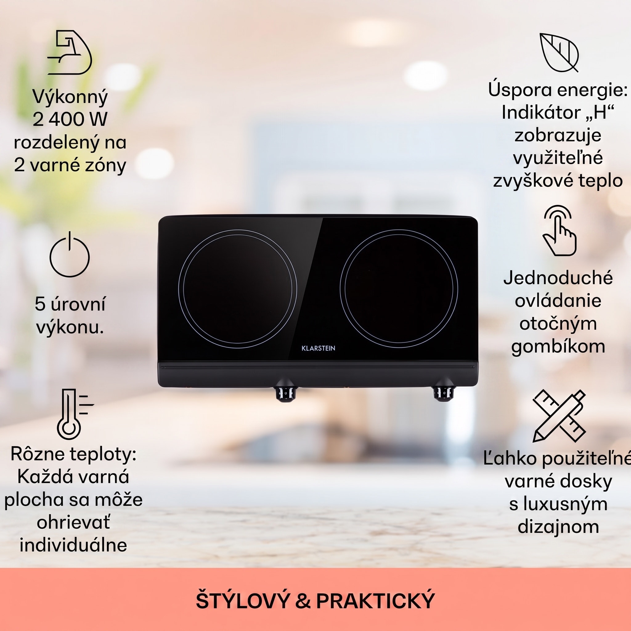 Klarstein Cookbuddy, varná doska, 2400 W, 2 platničky, 5 úrovní výkonu, sklokeramika – Obrázok 2