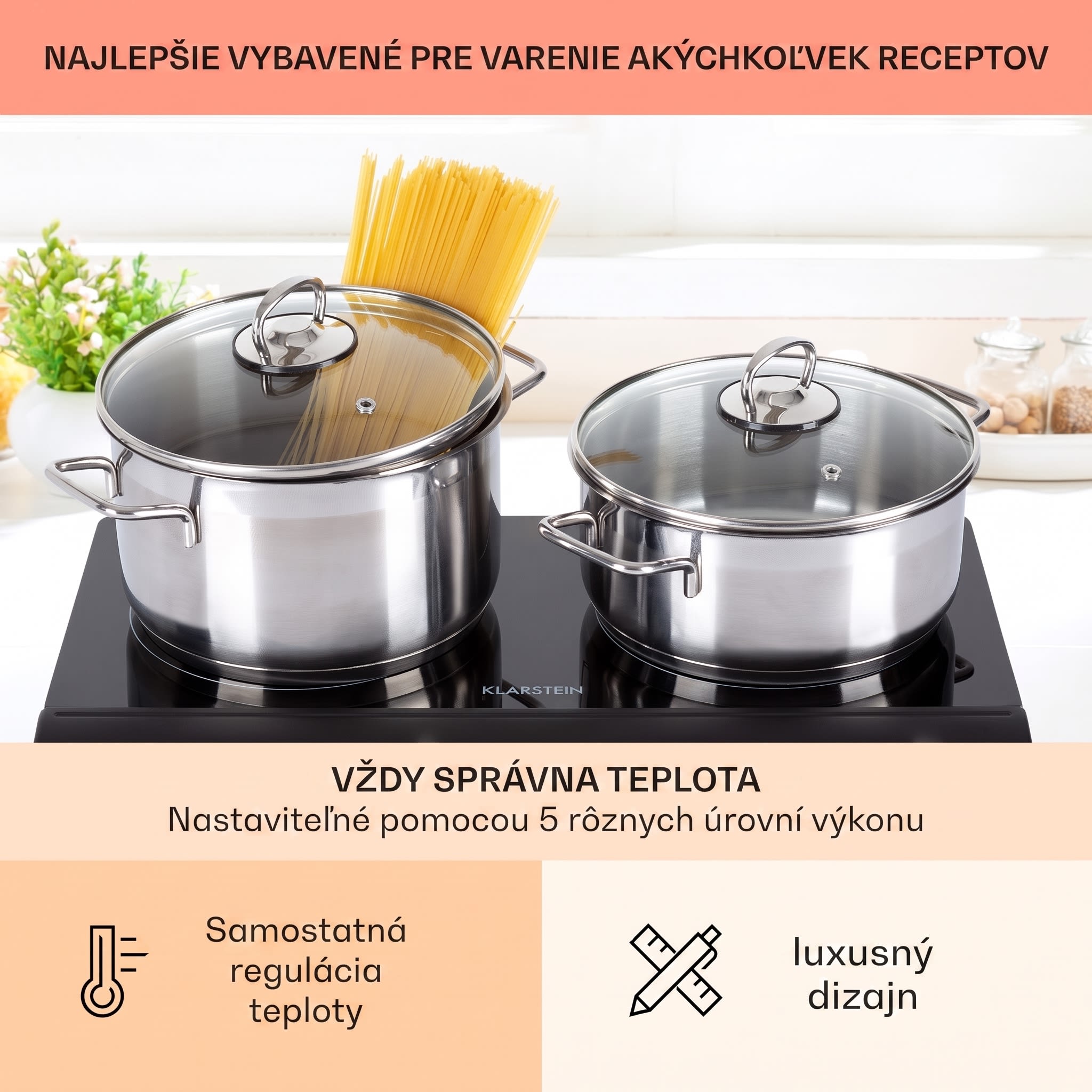 Klarstein Cookbuddy, varná doska, 2400 W, 2 platničky, 5 úrovní výkonu, sklokeramika – Obrázok 5