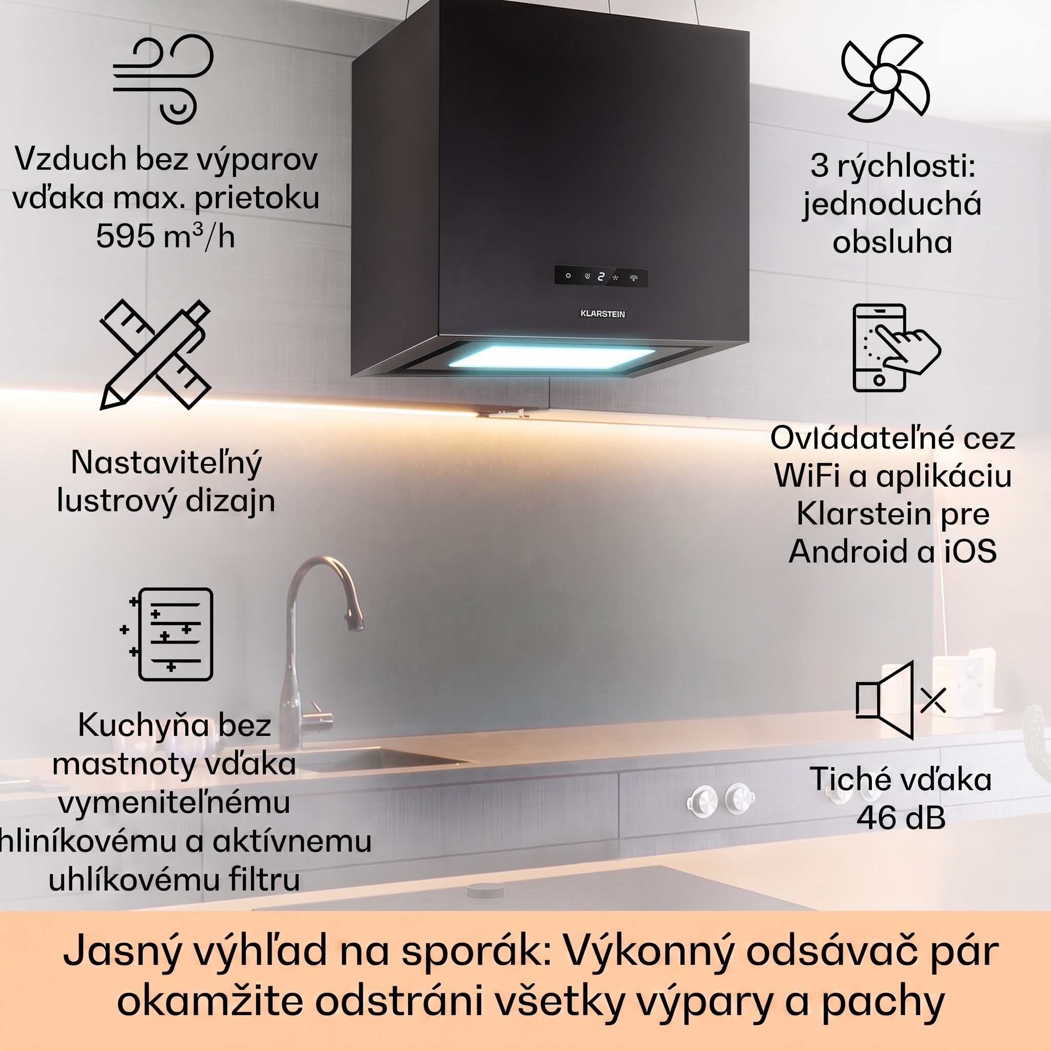 Klarstein Kronleuchter Smart, digestor, 40 cm, ostrovčekový, 595 m³/h, ovládánie cez aplikáciu, LED panel, čierna – Obrázok 2