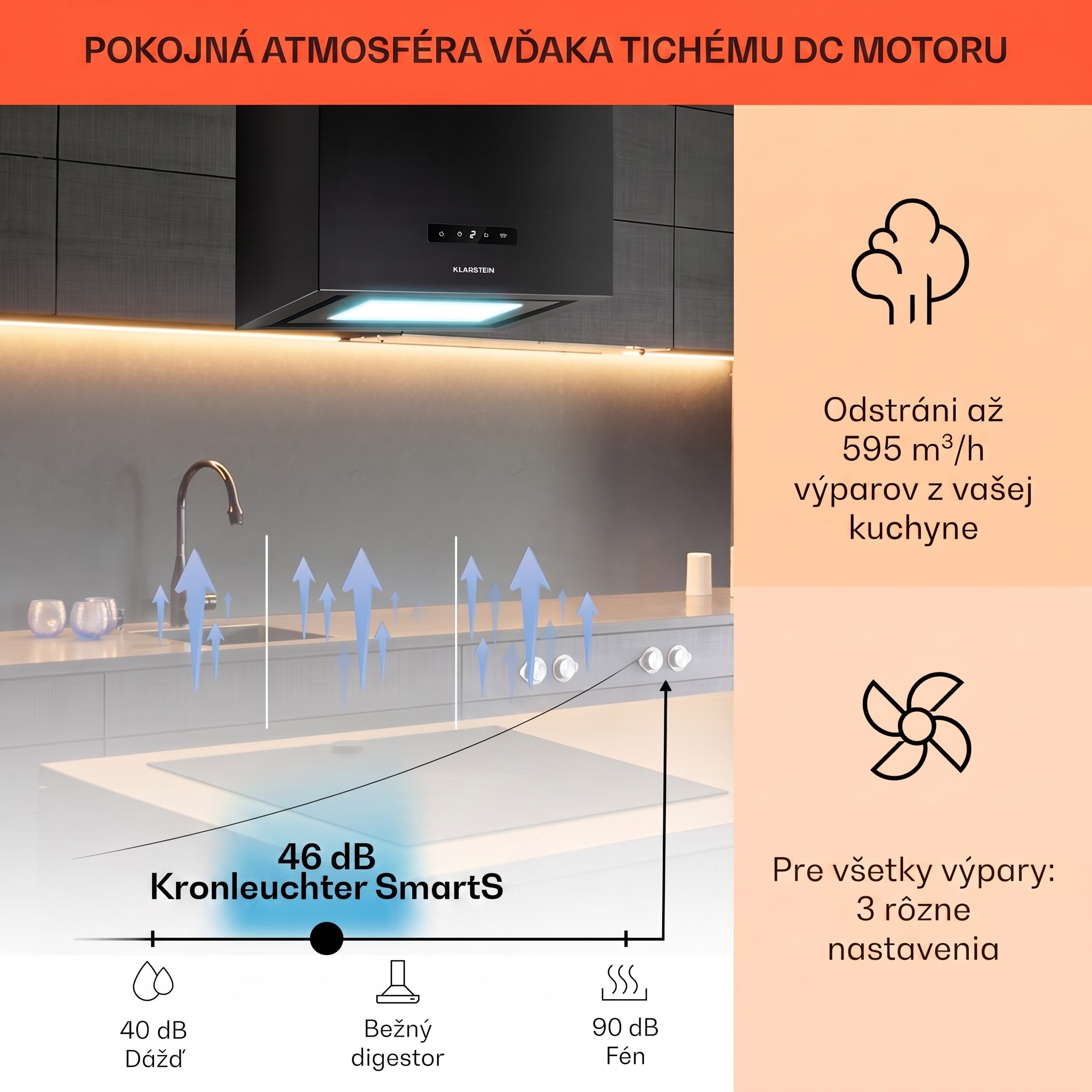 Klarstein Kronleuchter Smart, digestor, 40 cm, ostrovčekový, 595 m³/h, ovládánie cez aplikáciu, LED panel, čierna – Obrázok 3
