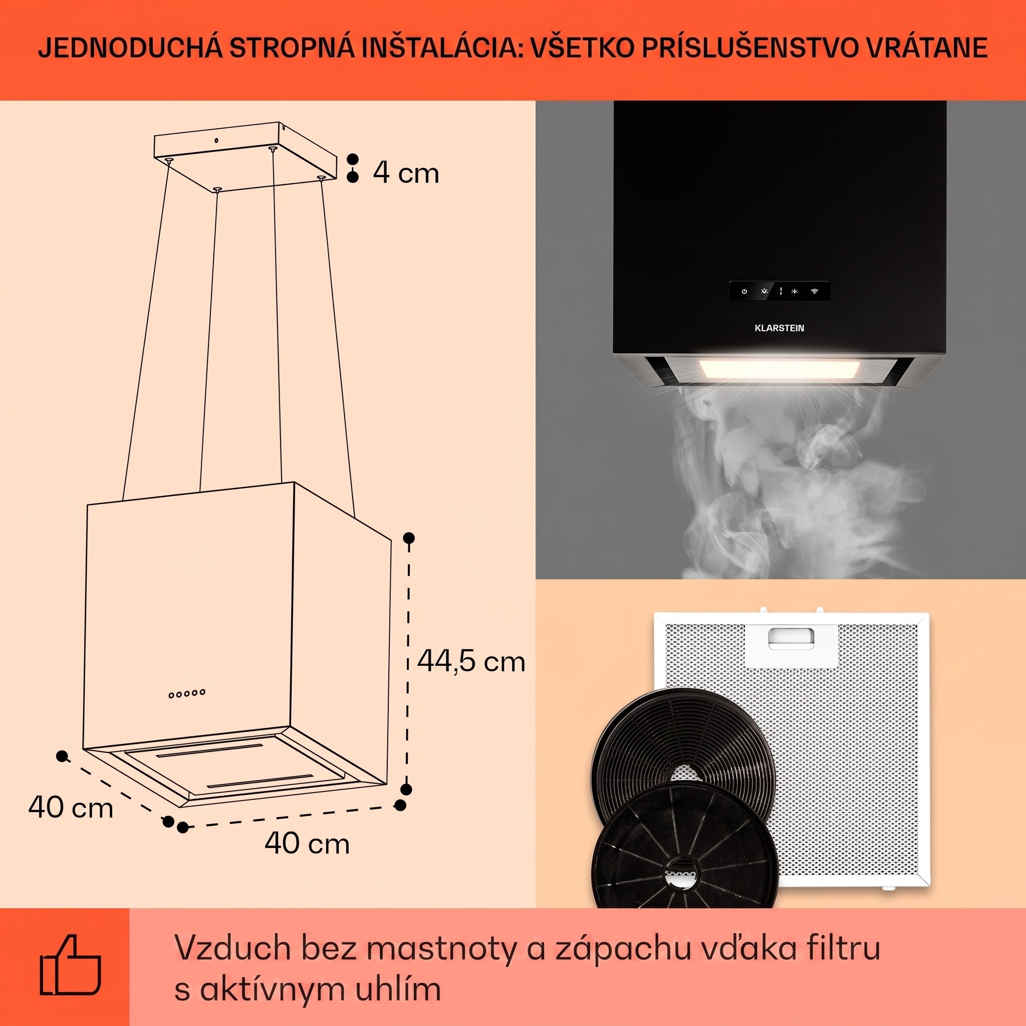 Klarstein Kronleuchter Smart, digestor, 40 cm, ostrovčekový, 595 m³/h, ovládánie cez aplikáciu, LED panel, čierna – Obrázok 5