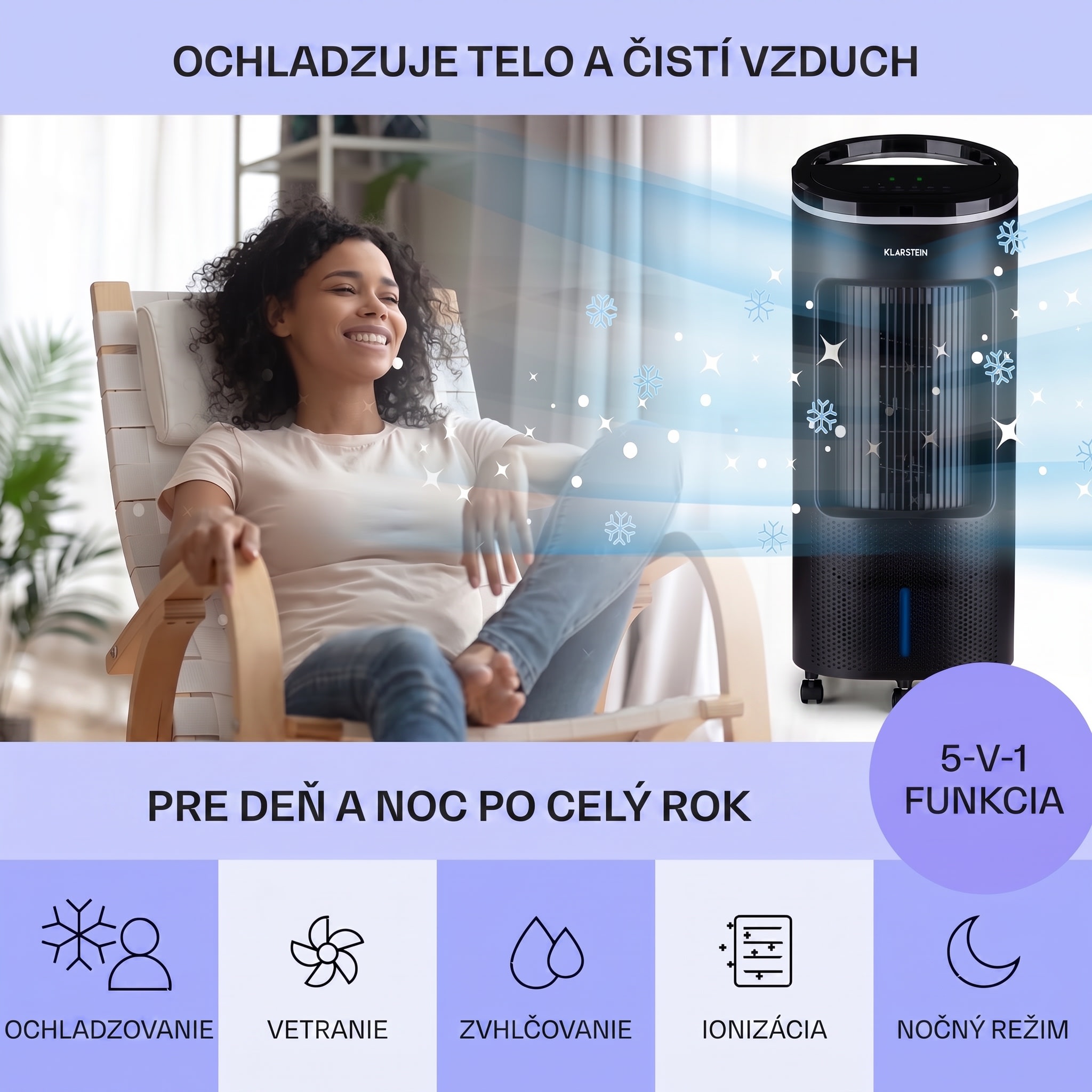 Klarstein IceWind Plus, 4 v 1 ochladzovač vzduchu, ventilátor, zvlhčovač vzduchu, čistička vzduchu, ionizátor, 65 W, 330 m³/h, 7 l, 4 rýchlosti, oscilácia, časovač, diaľkový ovládač, mobilný – Obrázok 2
