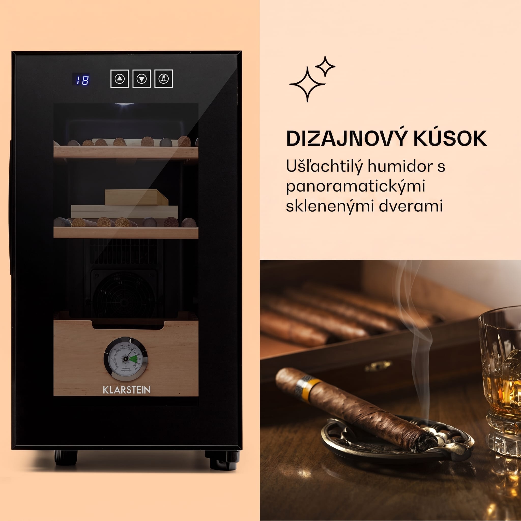 Klarstein El Presidente 23, humidor na cigary, 23 l, 45 W, dotykové ovládanie, bukové drevo, LED – Obrázok 3