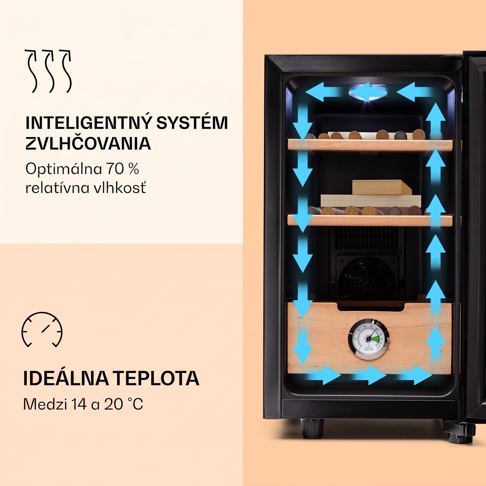 Klarstein El Presidente 23, humidor na cigary, 23 l, 45 W, dotykové ovládanie, bukové drevo, LED – Obrázok 4