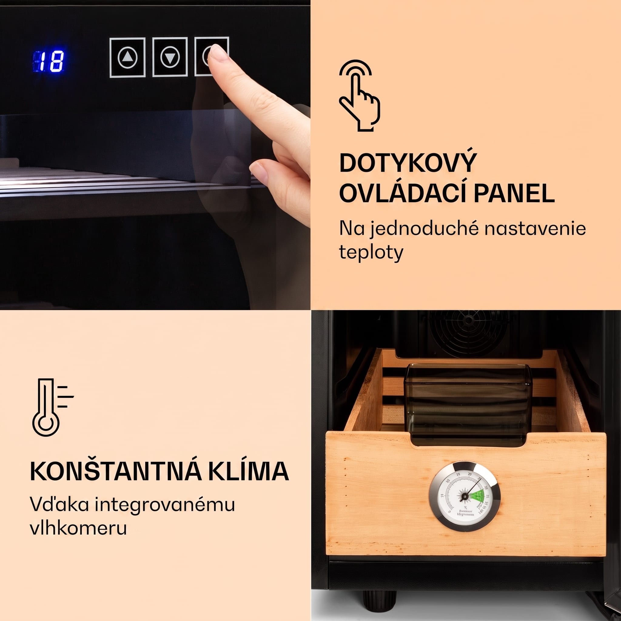 Klarstein El Presidente 23, humidor na cigary, 23 l, 45 W, dotykové ovládanie, bukové drevo, LED – Obrázok 5