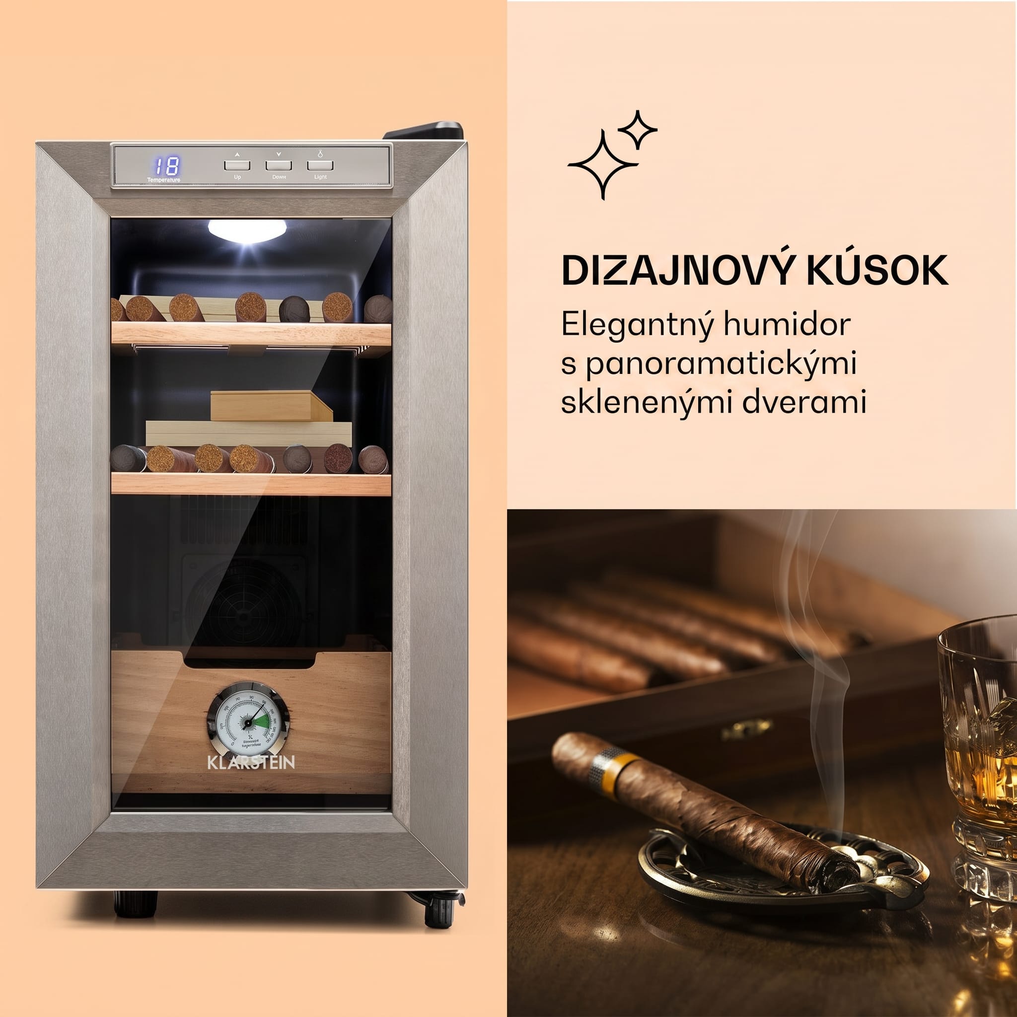 Klarstein El Presidente 23, humidor na cigary, 23 l, 45 W, dotykové ovládanie, bukové drevo, LED – Obrázok 3