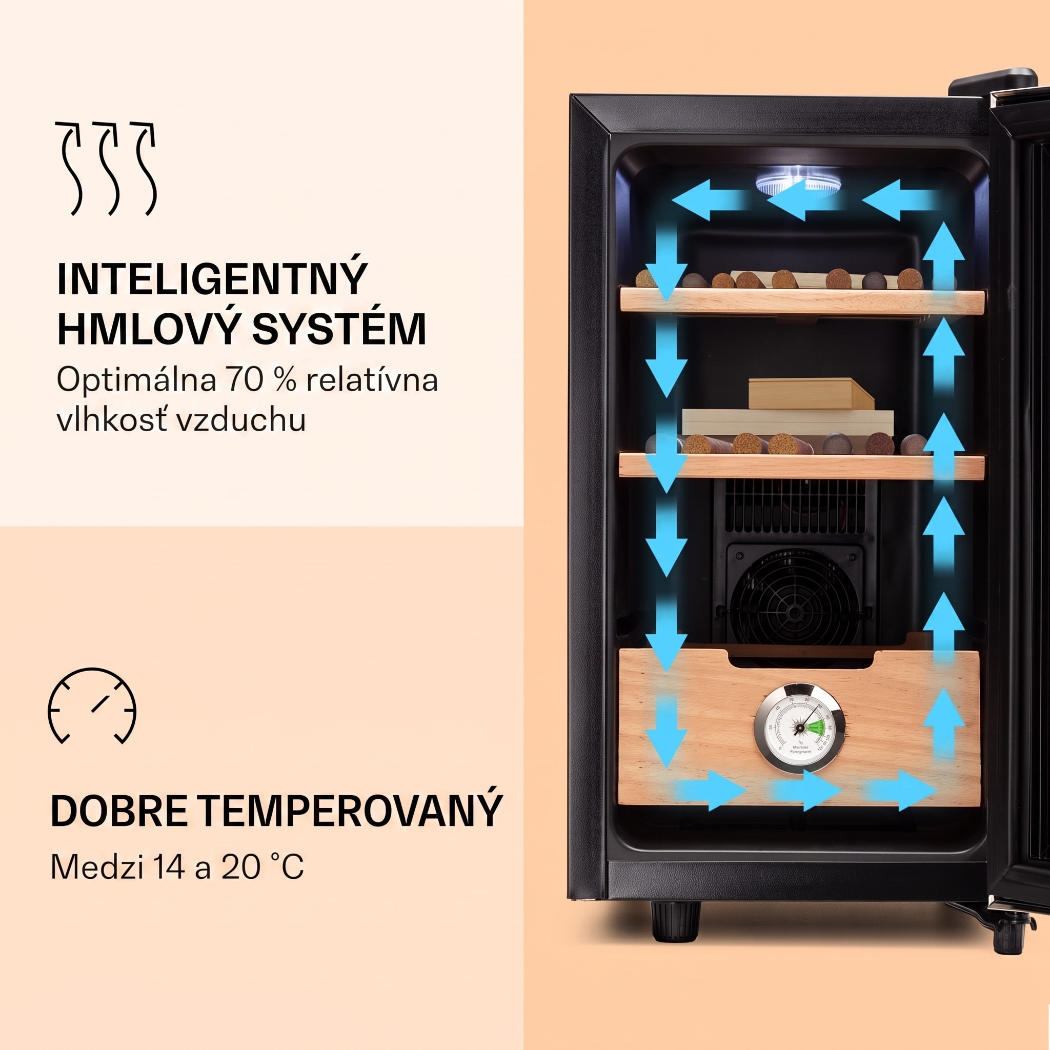 Klarstein El Presidente 23, humidor na cigary, 23 l, 45 W, dotykové ovládanie, bukové drevo, LED – Obrázok 4