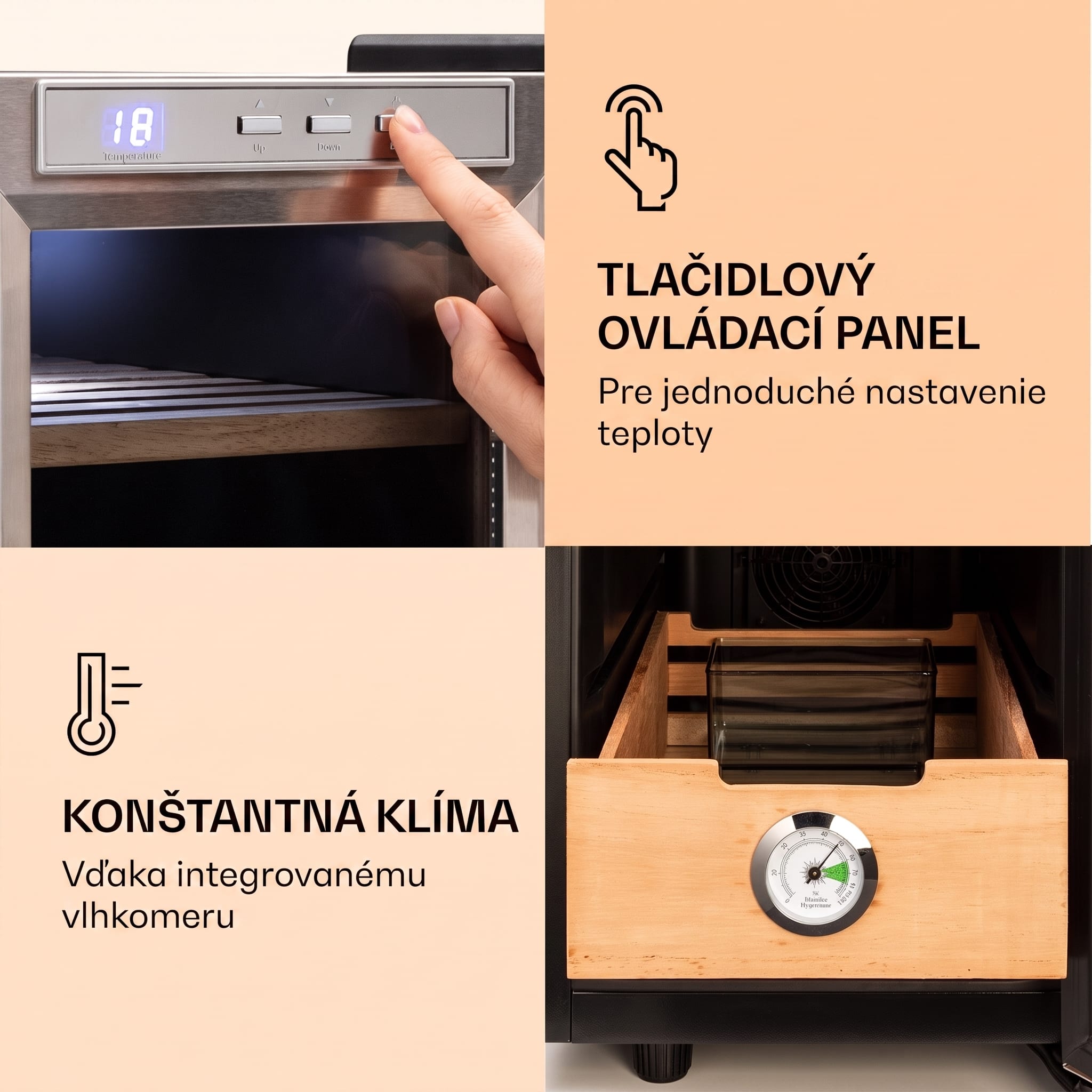 Klarstein El Presidente 23, humidor na cigary, 23 l, 45 W, dotykové ovládanie, bukové drevo, LED – Obrázok 5