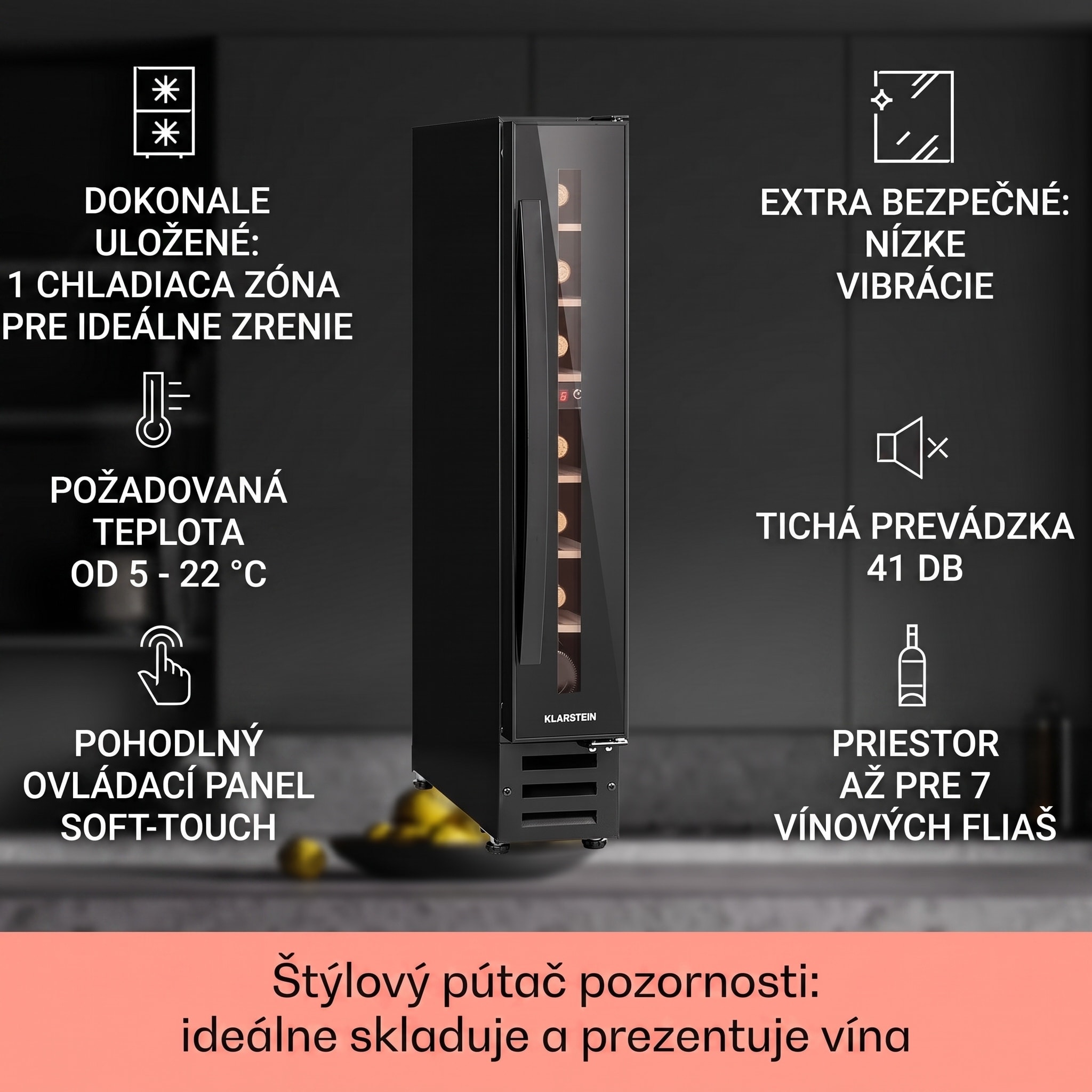 Klarstein Vinovilla 7 built-in Uno Onyx, vstavaná vinotéka, čierne sklo, nehrdzavejúca oceľ – Obrázok 2