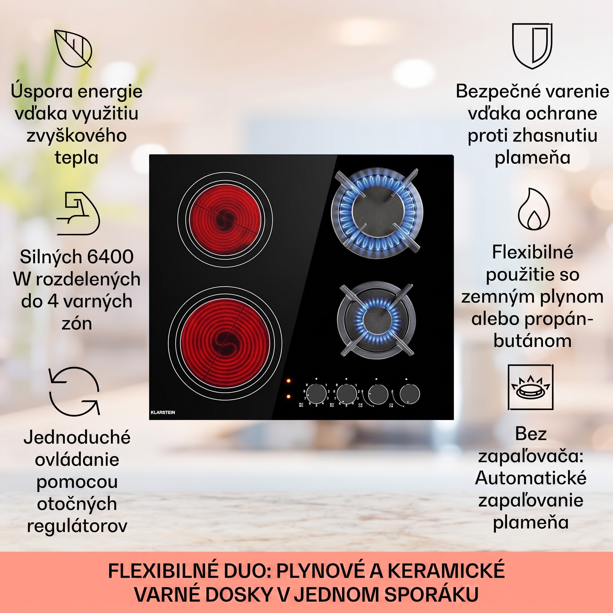 Klarstein MultiChef 4, kombinovaná plynová varná doska, 4 zóny, plyn/sklokeramika – Obrázok 2