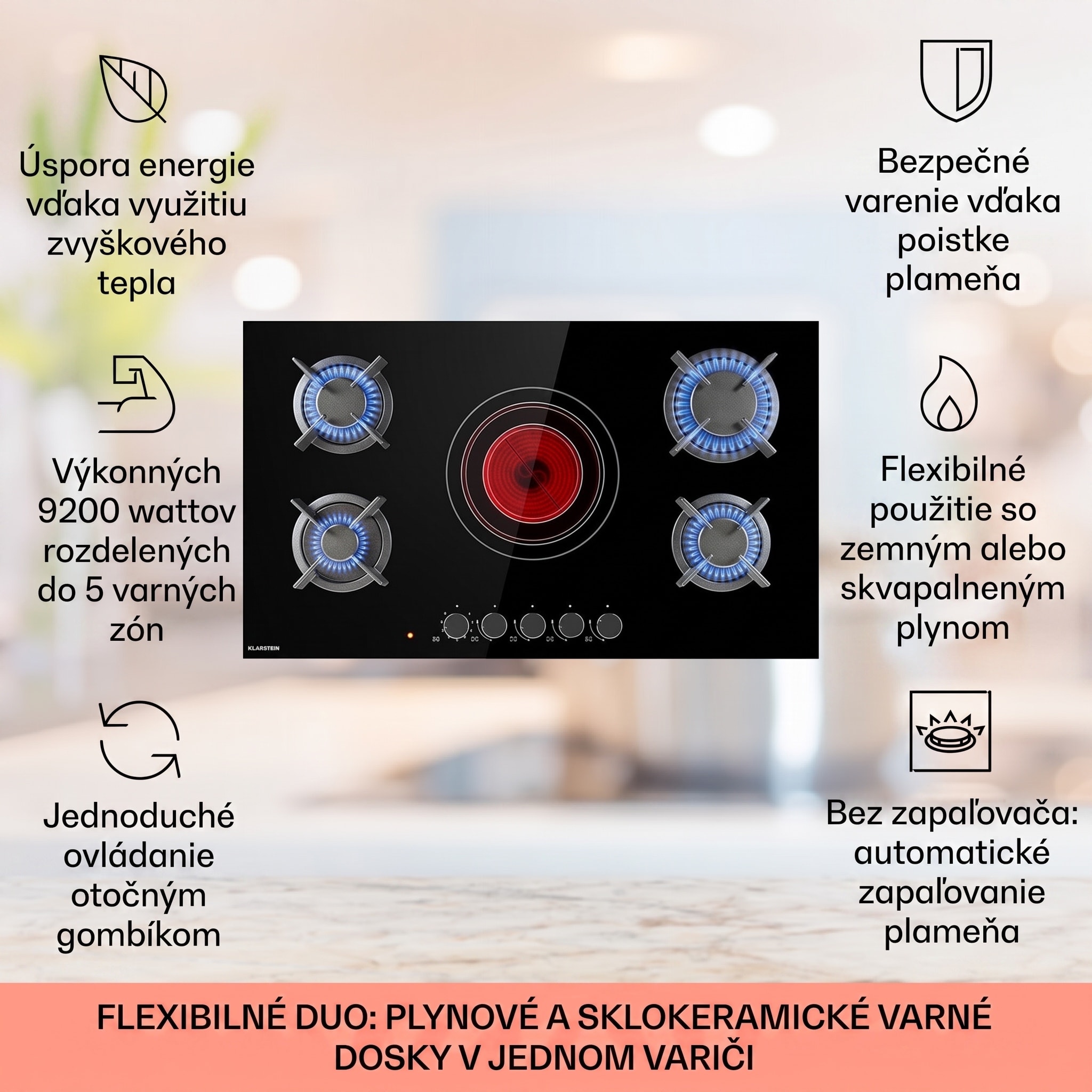 Klarstein MultiChef 5, kombinovaná plynová varná doska, 5 zón, plyn/sklokeramika – Obrázok 2
