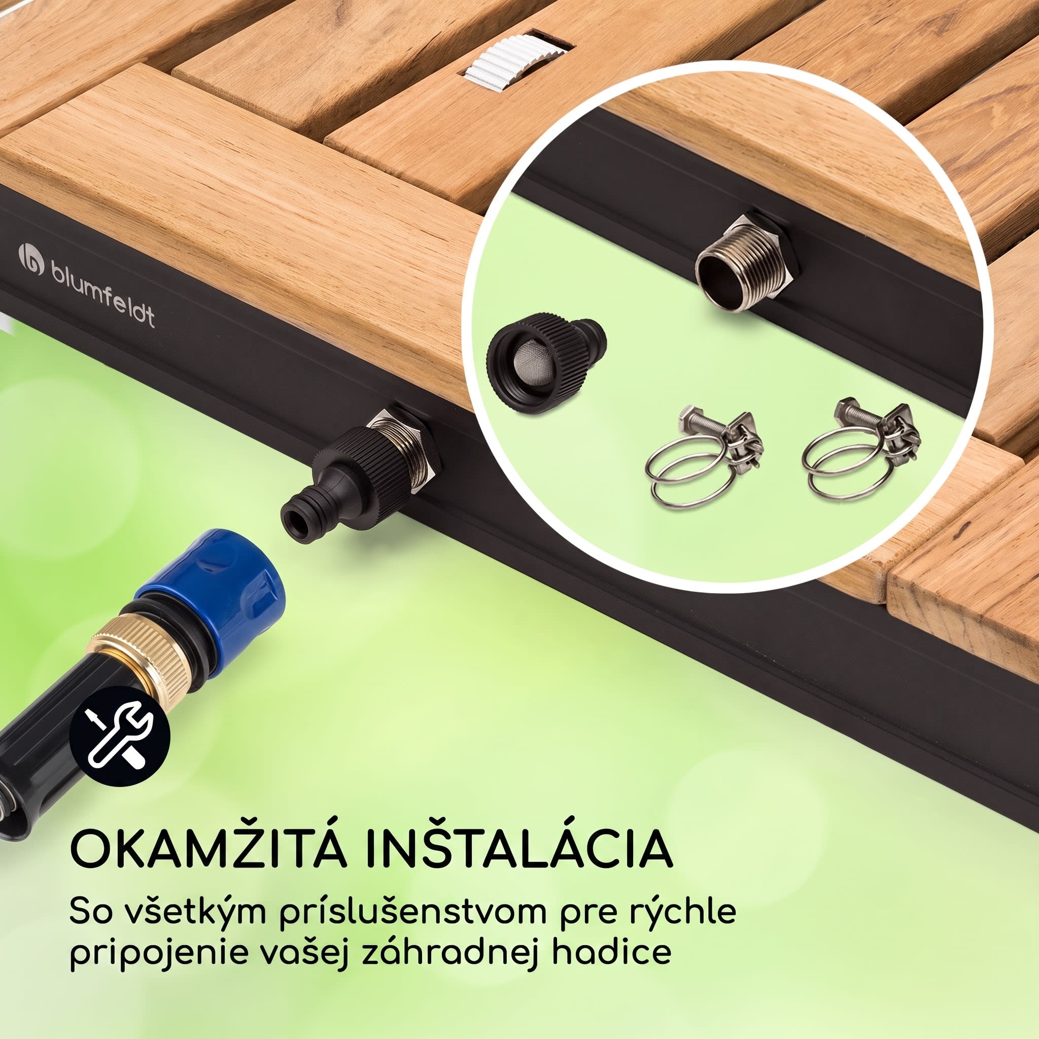Blumfeldt Sumatra Teak Square, záhradná sprcha, hliník, tíkové drevo, rukoväť – Obrázok 5