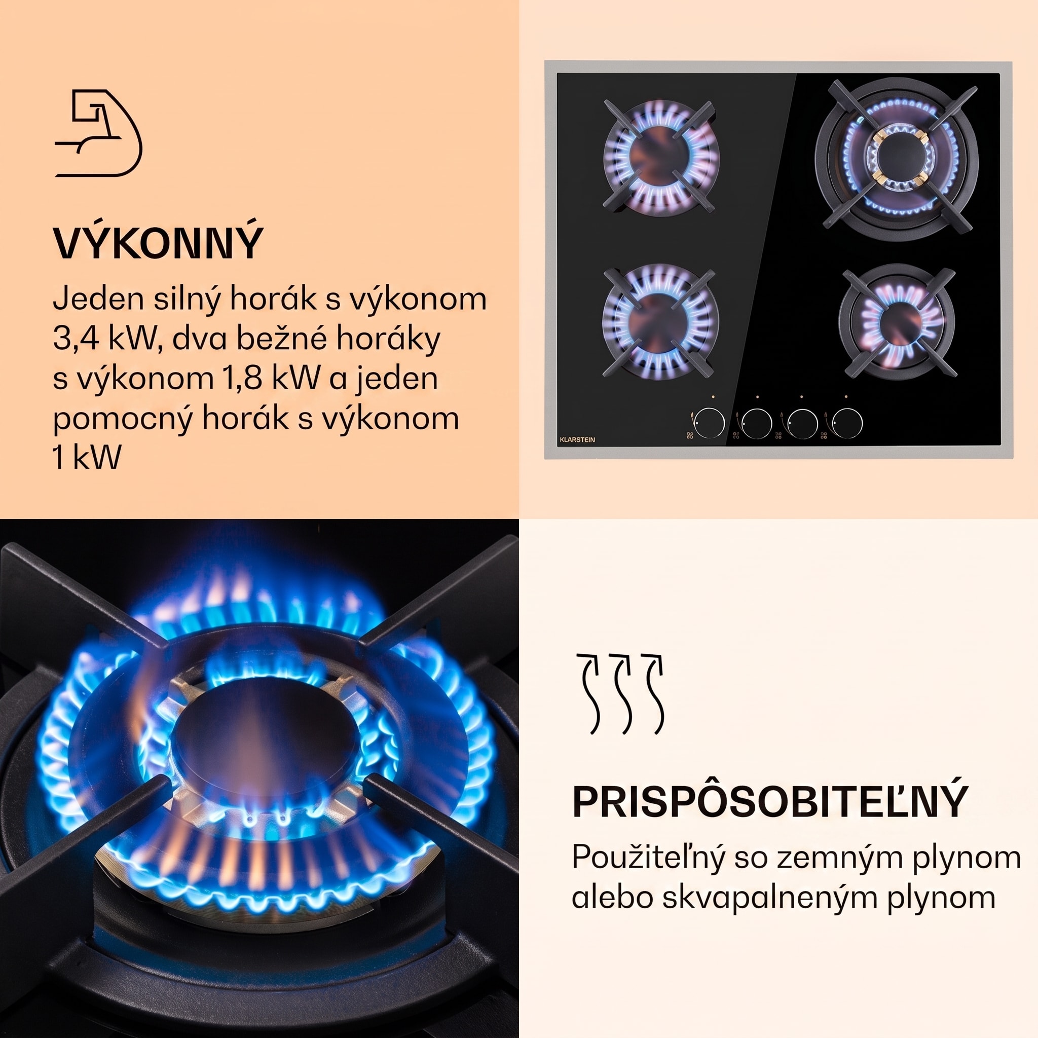 Klarstein Goldflame 4 Prime, plynová varná doska, 4 Messing horáky, sklokeramika – Obrázok 4