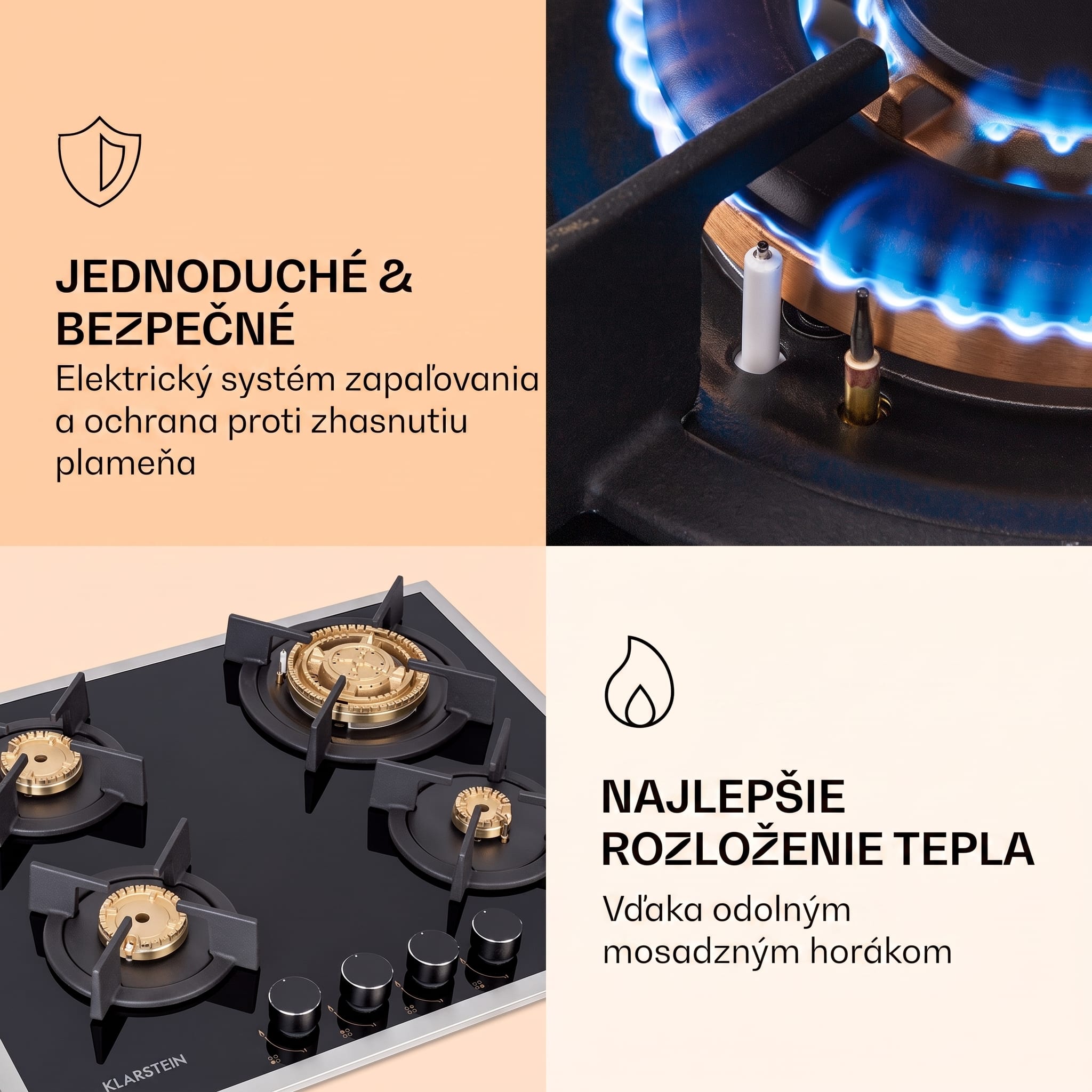 Klarstein Goldflame 4 Prime, plynová varná doska, 4 Messing horáky, sklokeramika – Obrázok 5