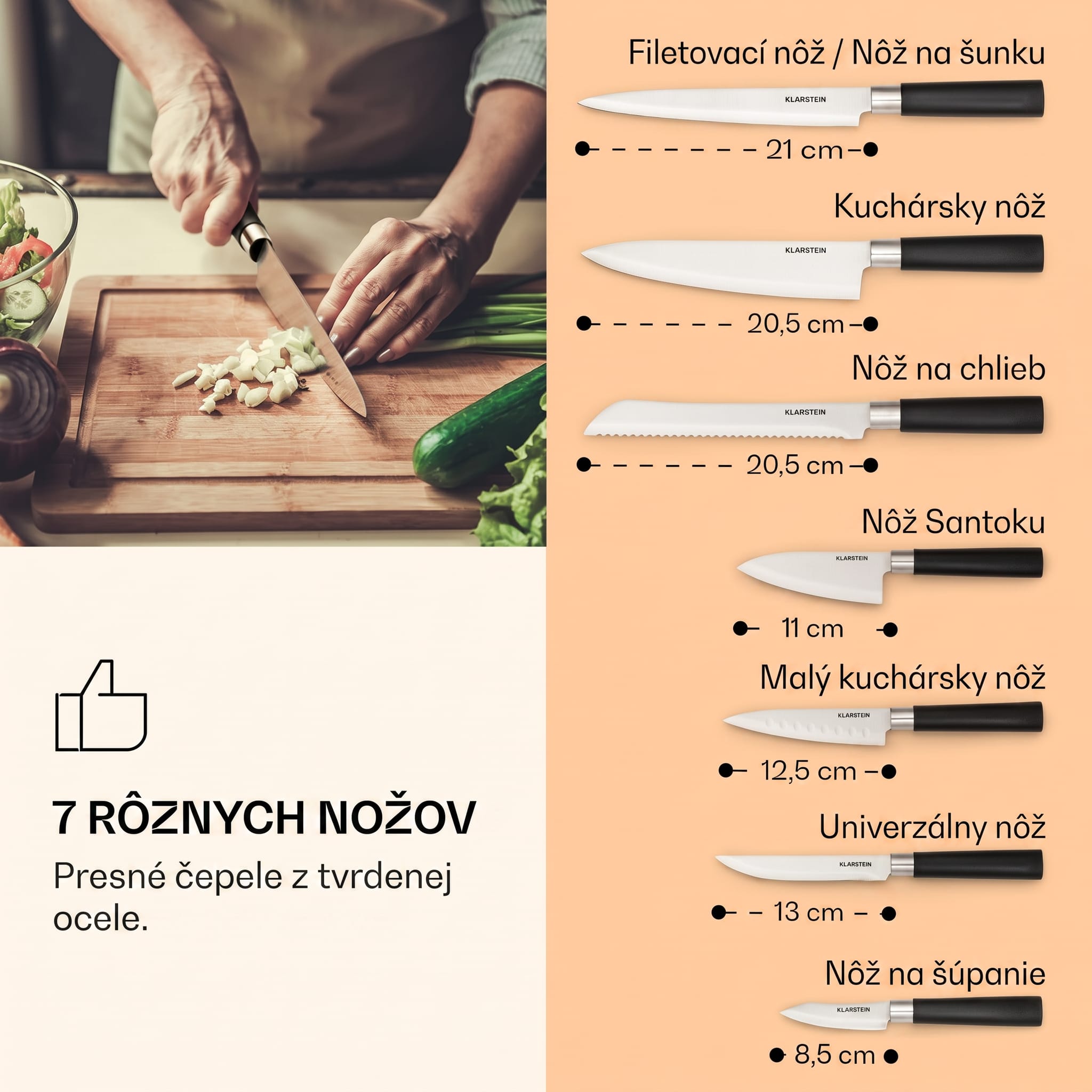 Klarstein Kitano 8-dielna sada nožov so stojanom 7 nožov oceľ, elegantný drevený blok – Obrázok 4